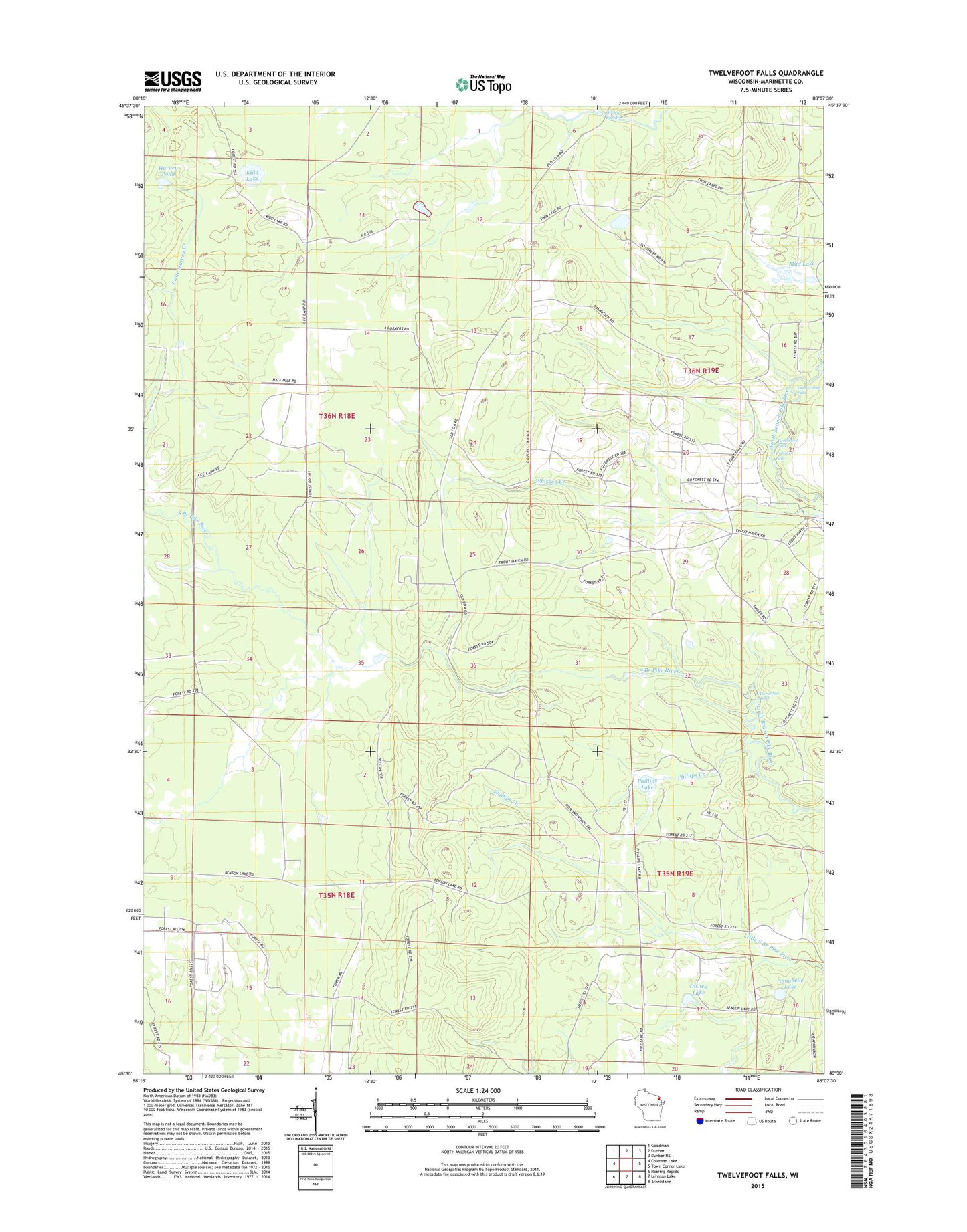 Twelvefoot Falls Wisconsin US Topo Map Image