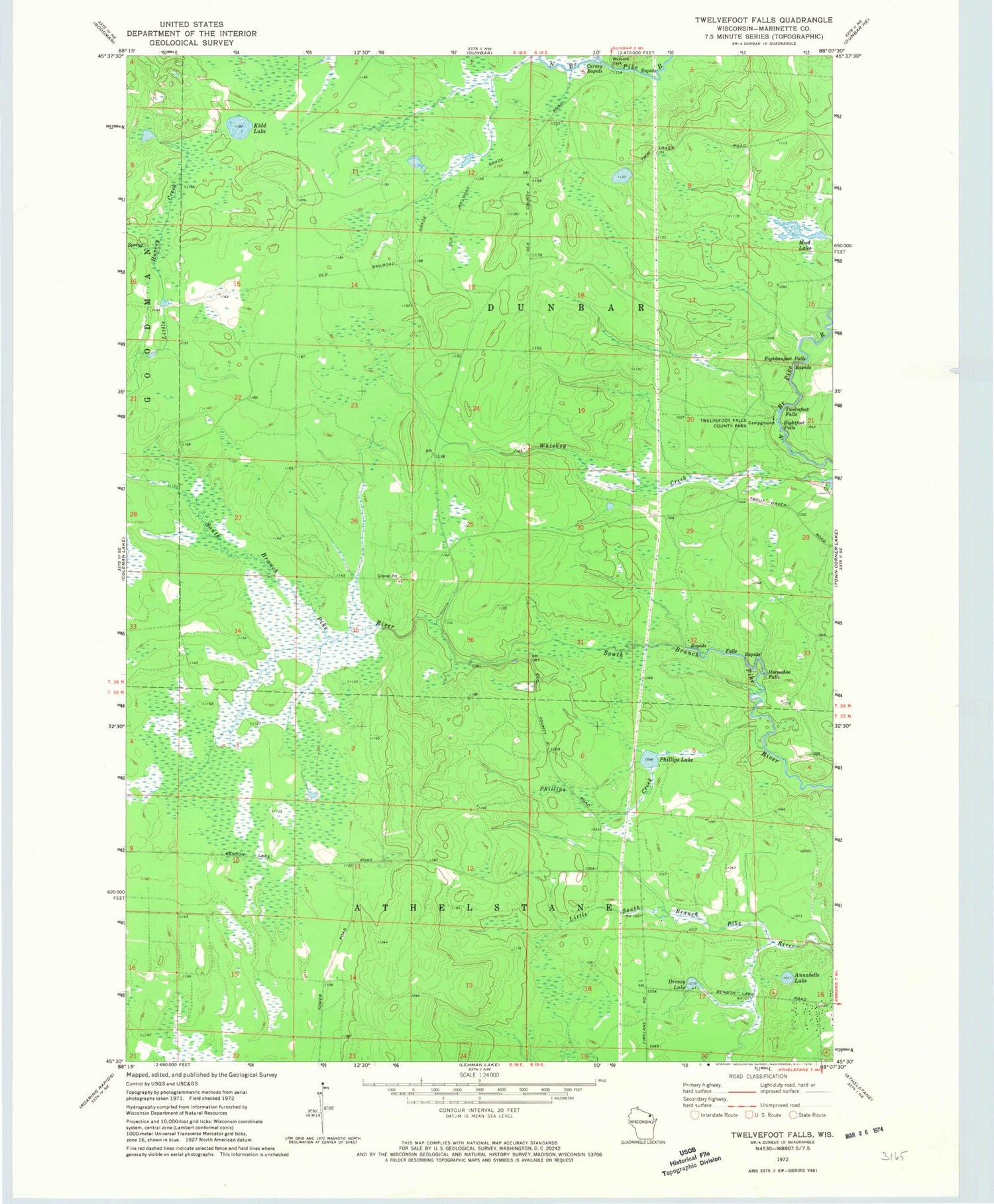 Classic USGS Twelvefoot Falls Wisconsin 7.5'x7.5' Topo Map Image