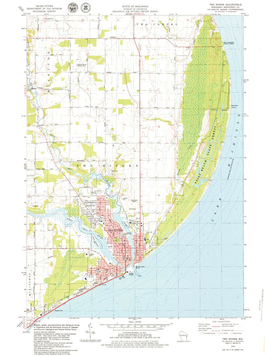 Classic USGS Two Rivers Wisconsin 7.5'x7.5' Topo Map Image