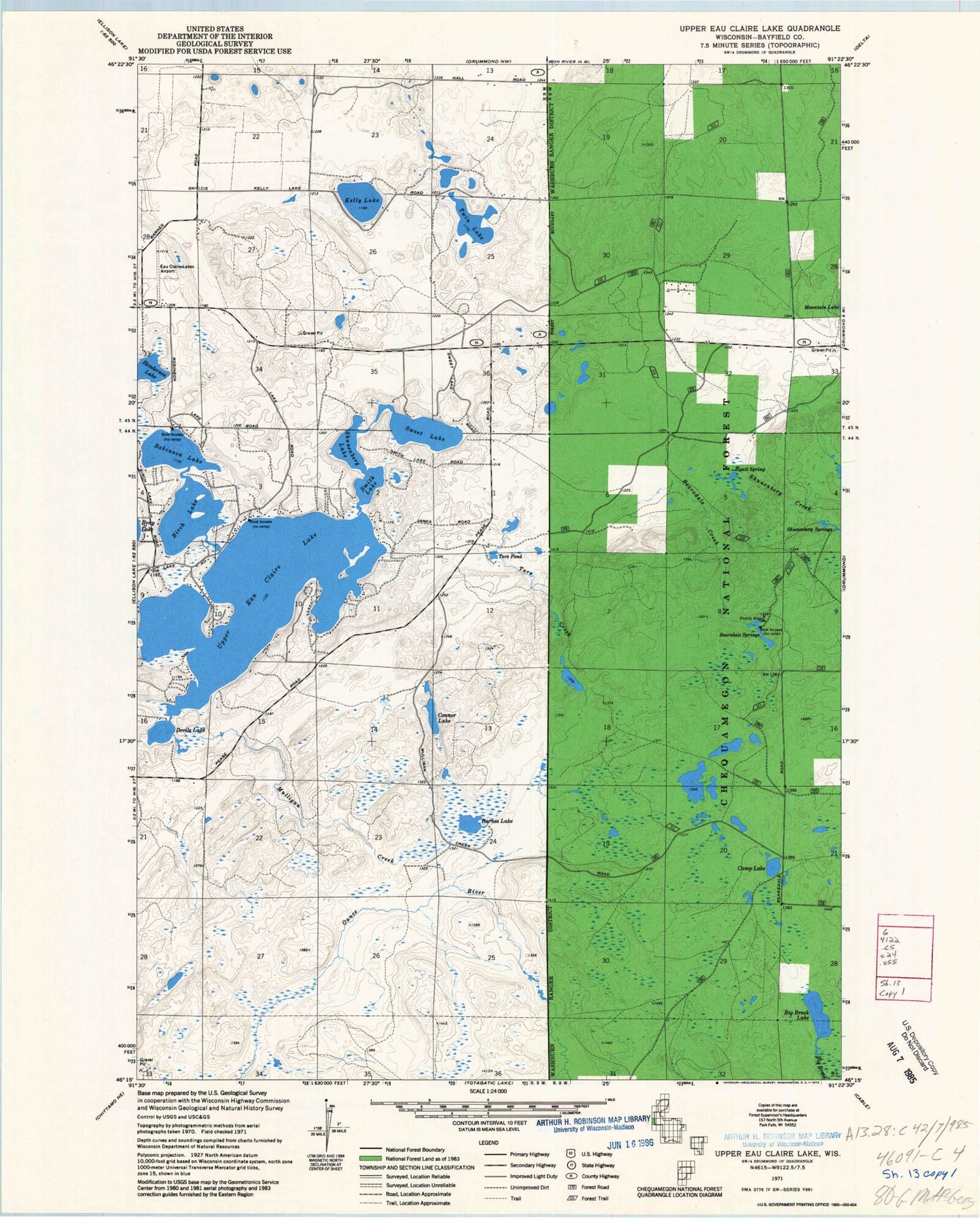 Classic USGS Upper Eau Claire Lake Wisconsin 7.5'x7.5' Topo Map Image