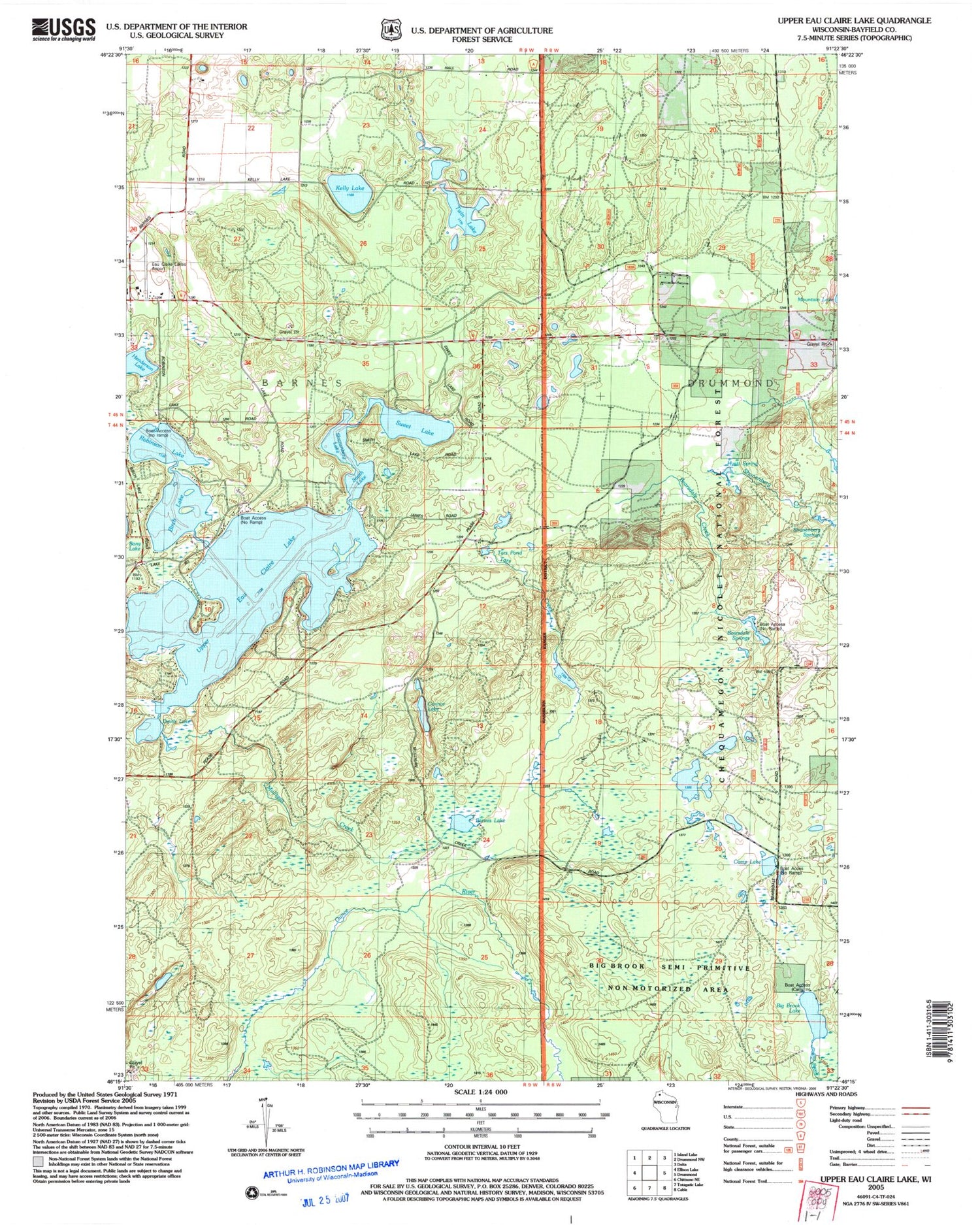 Classic USGS Upper Eau Claire Lake Wisconsin 7.5'x7.5' Topo Map Image