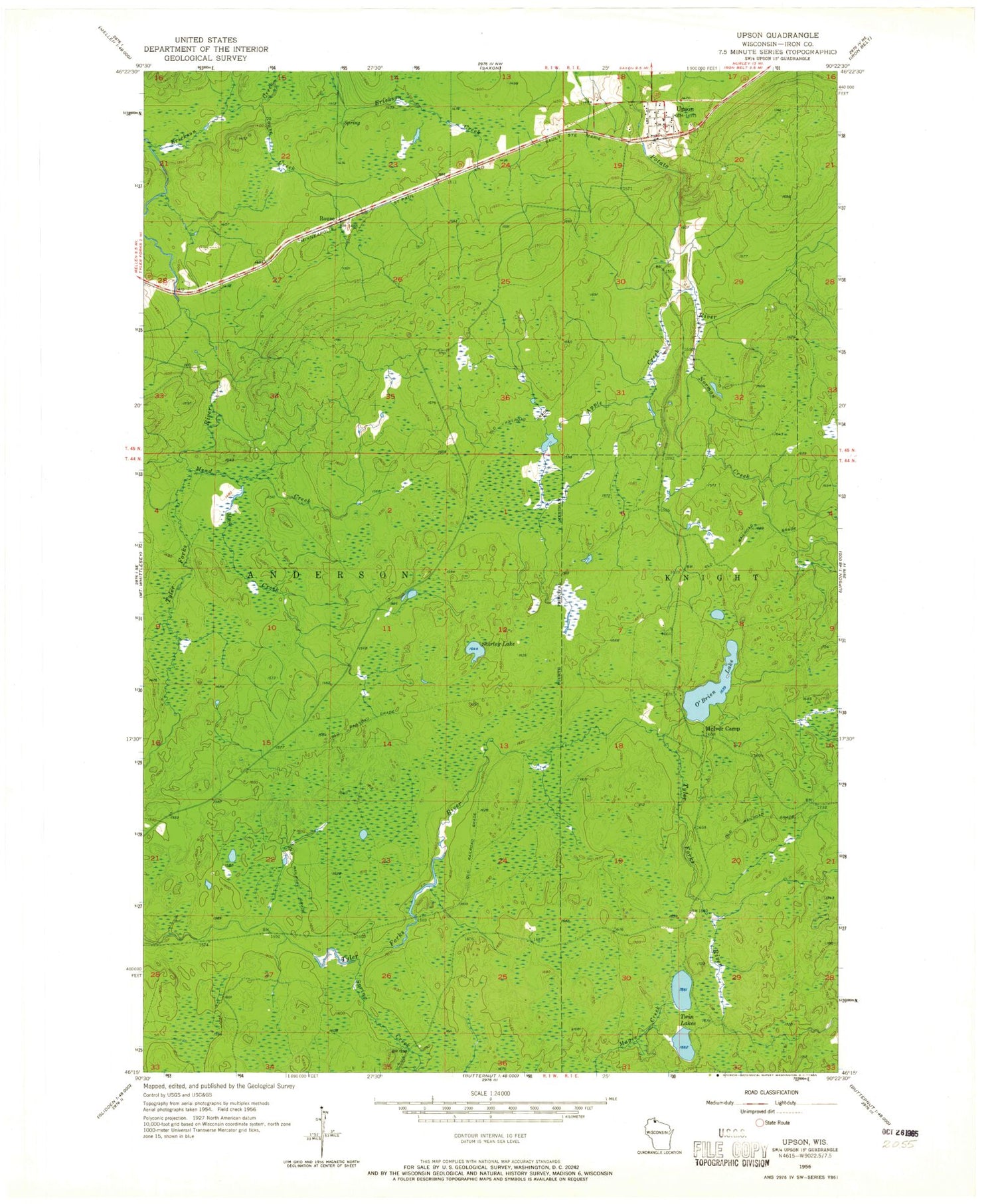 Classic USGS Upson Wisconsin 7.5'x7.5' Topo Map Image