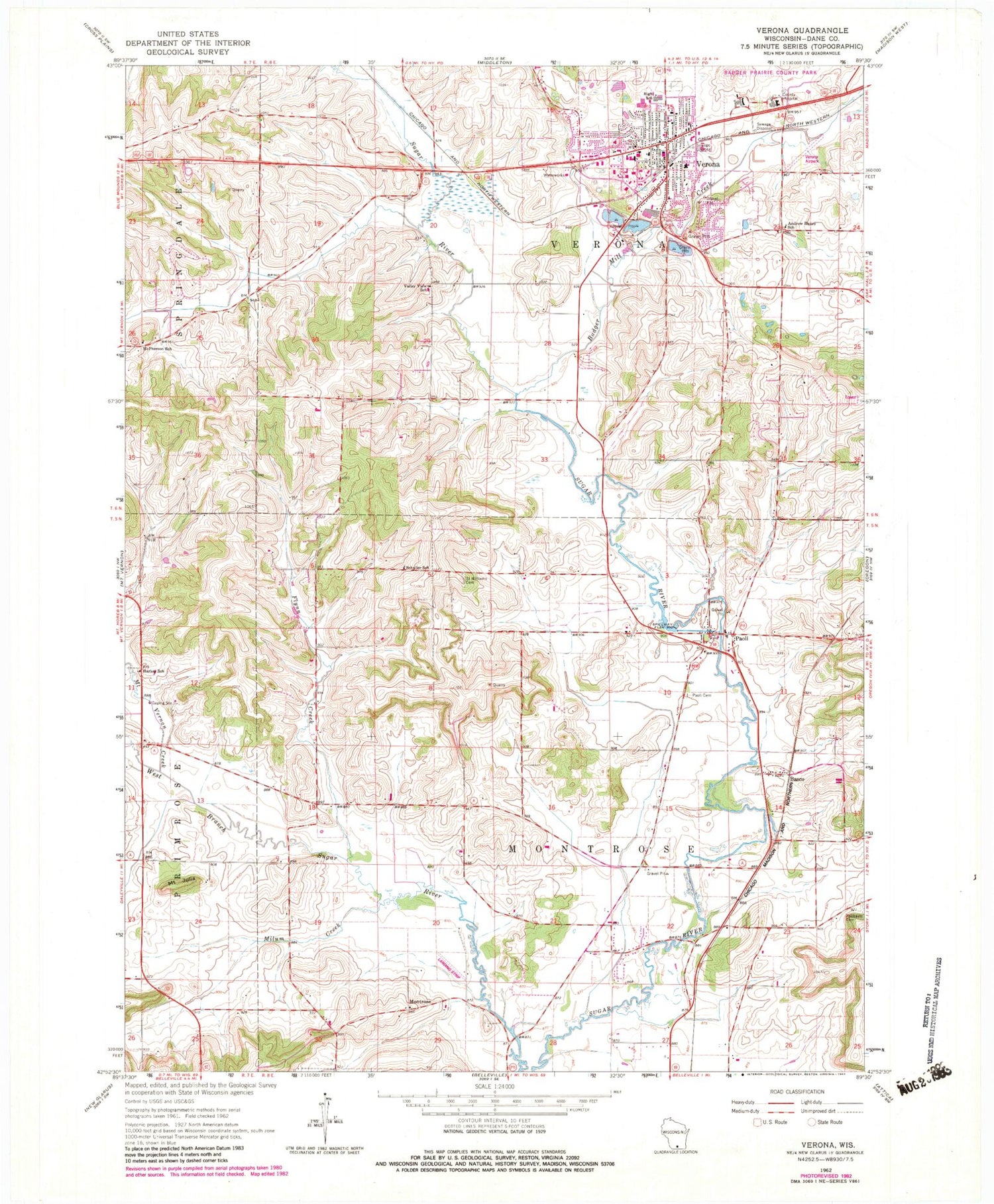 Classic USGS Verona Wisconsin 7.5'x7.5' Topo Map Image