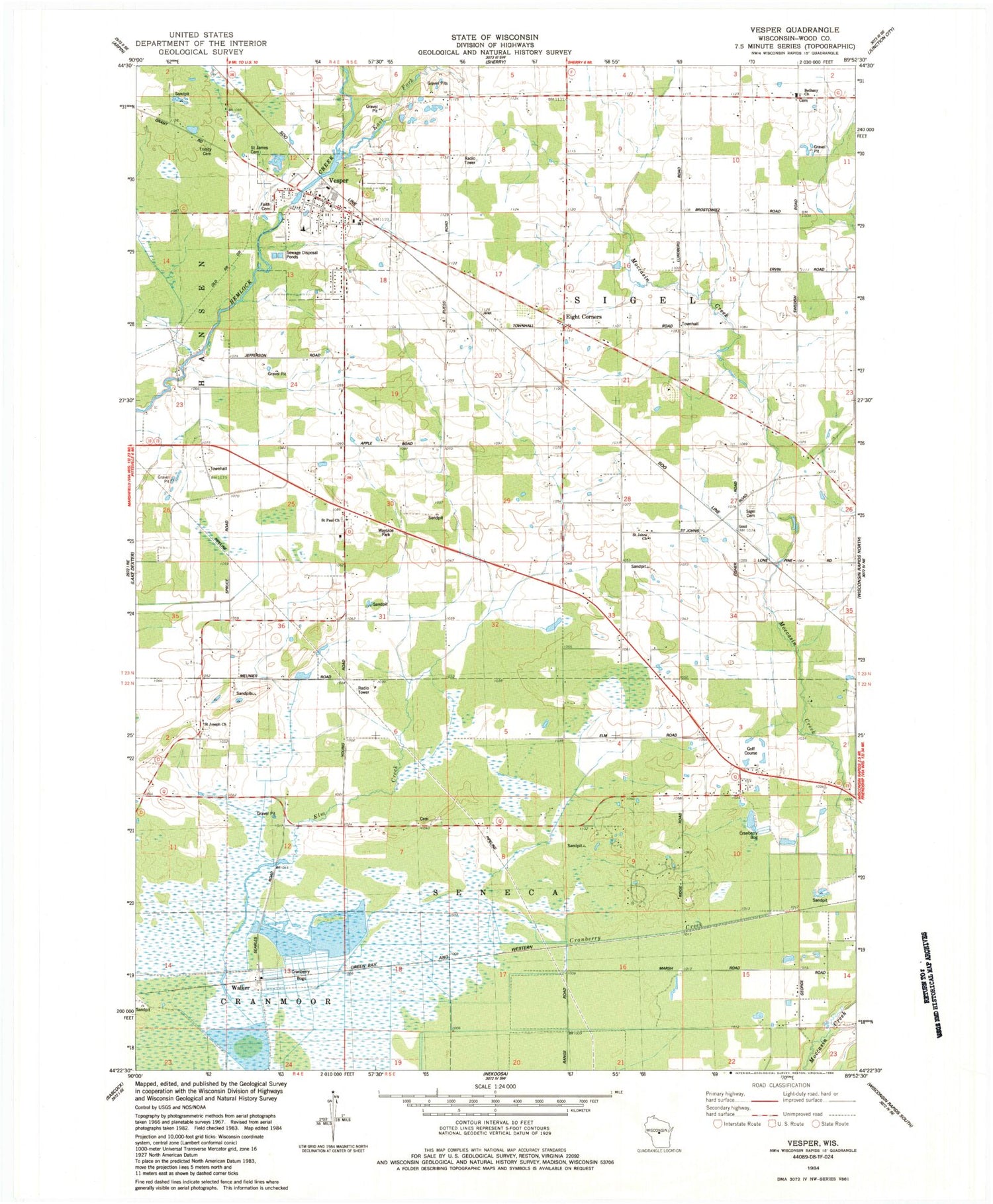 Classic USGS Vesper Wisconsin 7.5'x7.5' Topo Map Image
