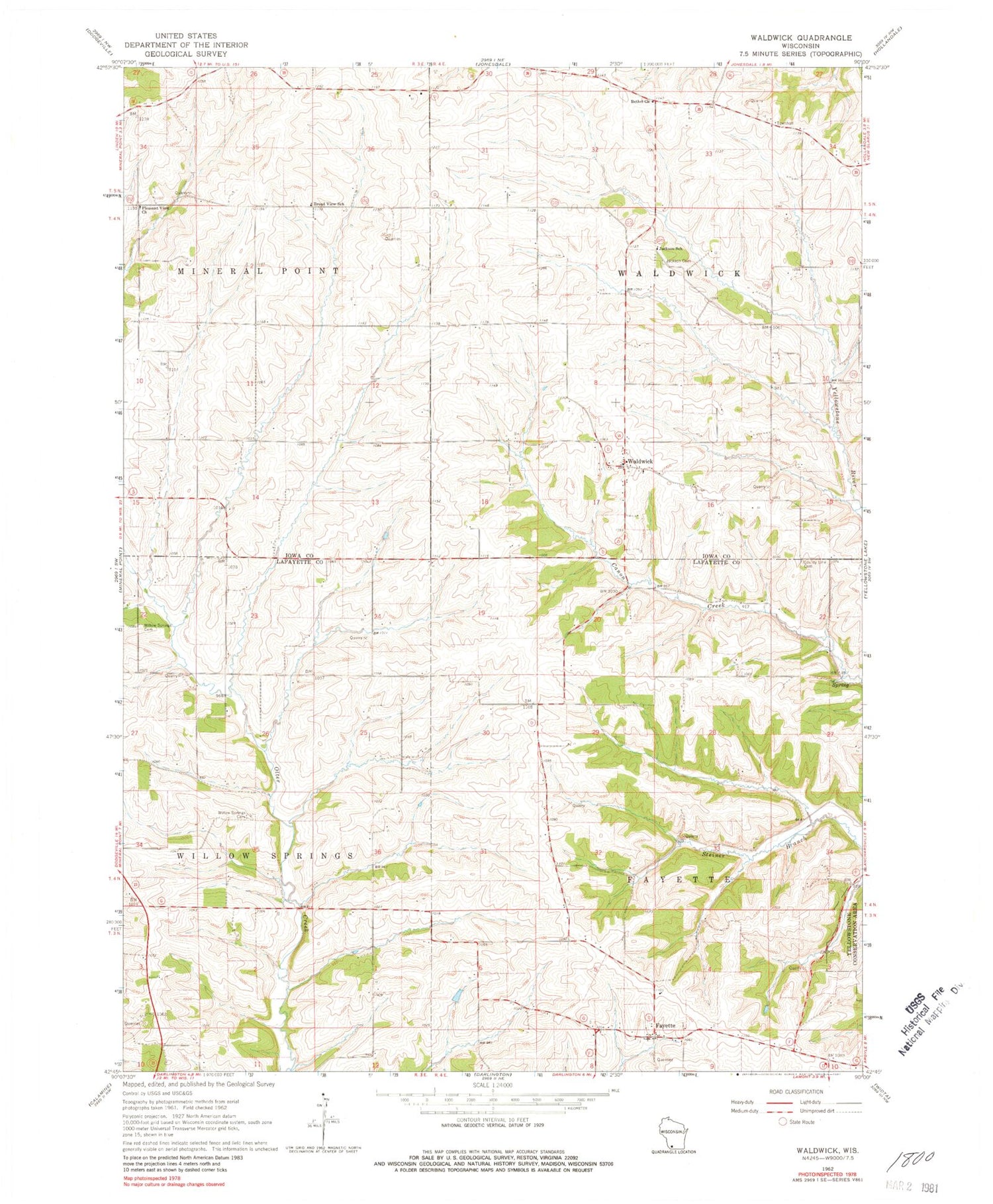 Classic USGS Waldwick Wisconsin 7.5'x7.5' Topo Map Image