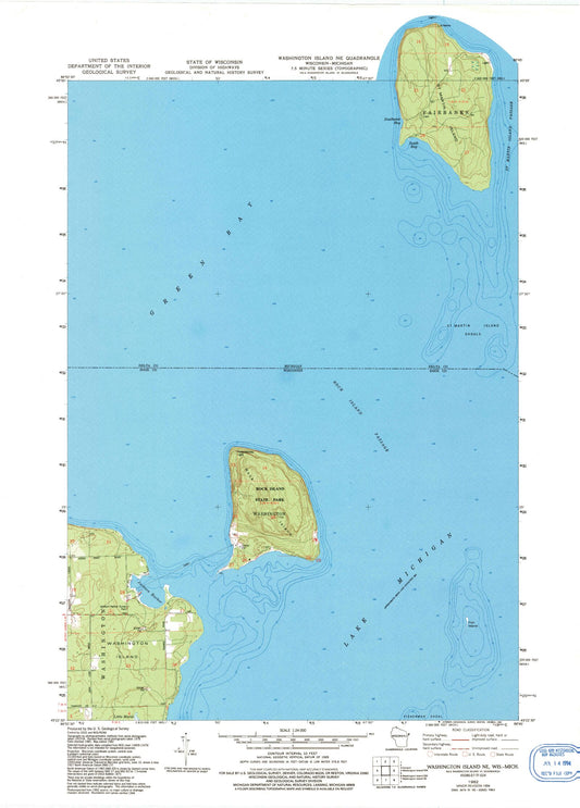 Classic USGS Washington Island NE Wisconsin 7.5'x7.5' Topo Map Image