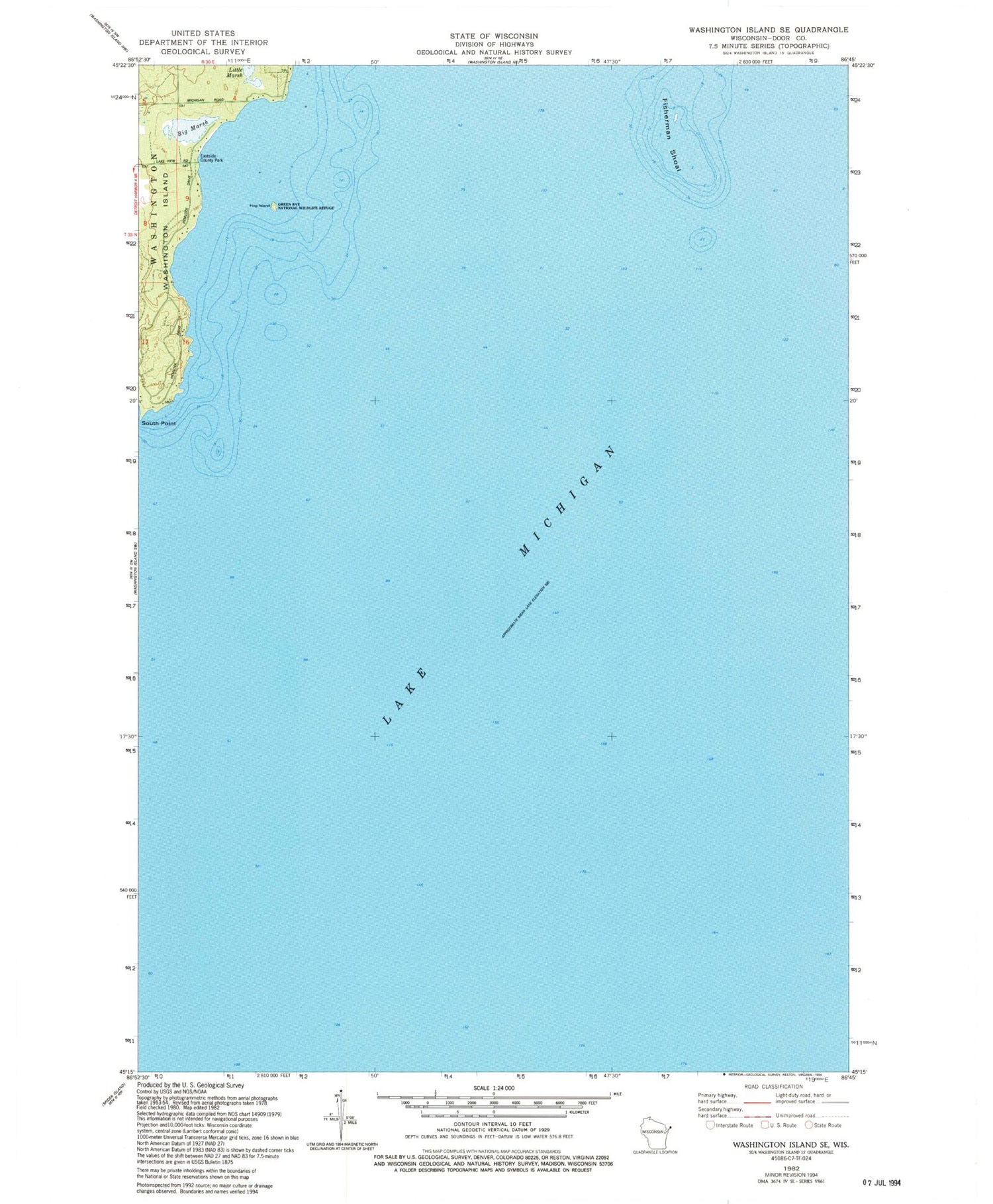 Classic USGS Washington Island SE Wisconsin 7.5'x7.5' Topo Map Image
