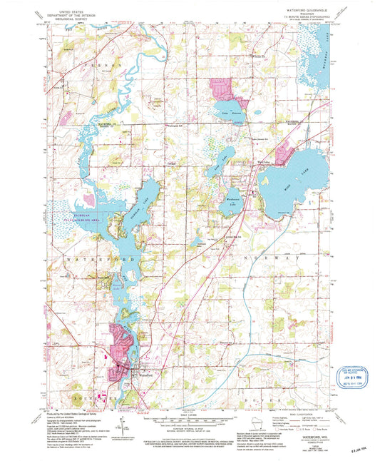 Classic USGS Waterford Wisconsin 7.5'x7.5' Topo Map Image