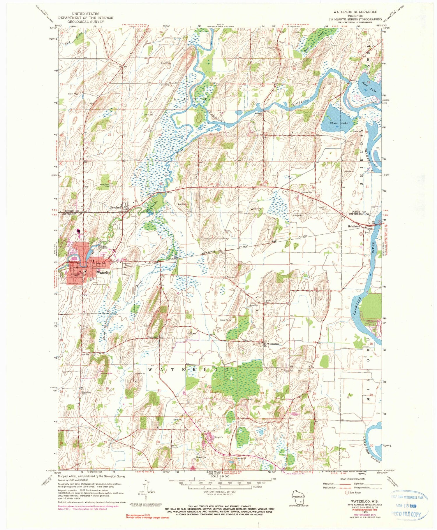 Classic USGS Waterloo Wisconsin 7.5'x7.5' Topo Map Image