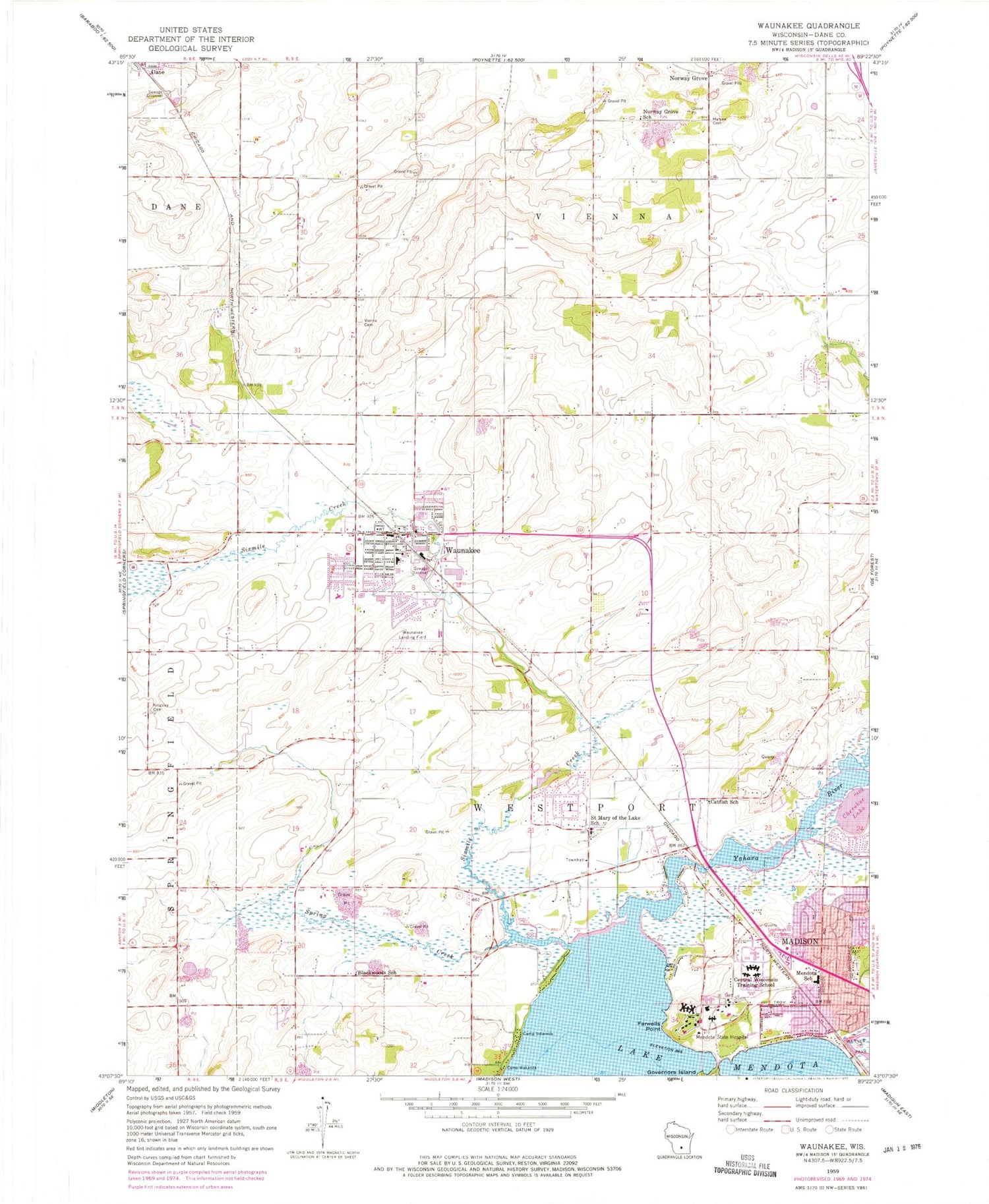 Classic USGS Waunakee Wisconsin 7.5'x7.5' Topo Map Image