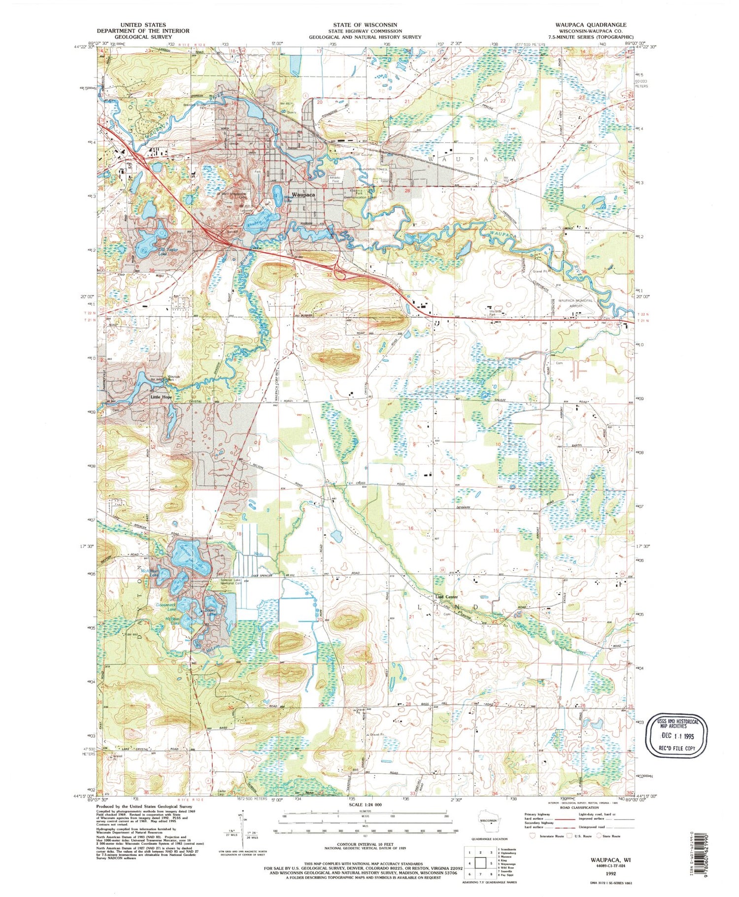 Classic USGS Waupaca Wisconsin 7.5'x7.5' Topo Map Image