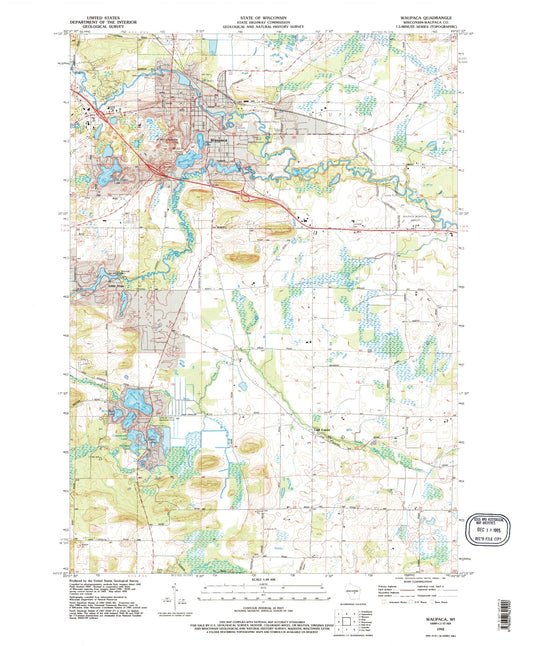 Classic USGS Waupaca Wisconsin 7.5'x7.5' Topo Map Image