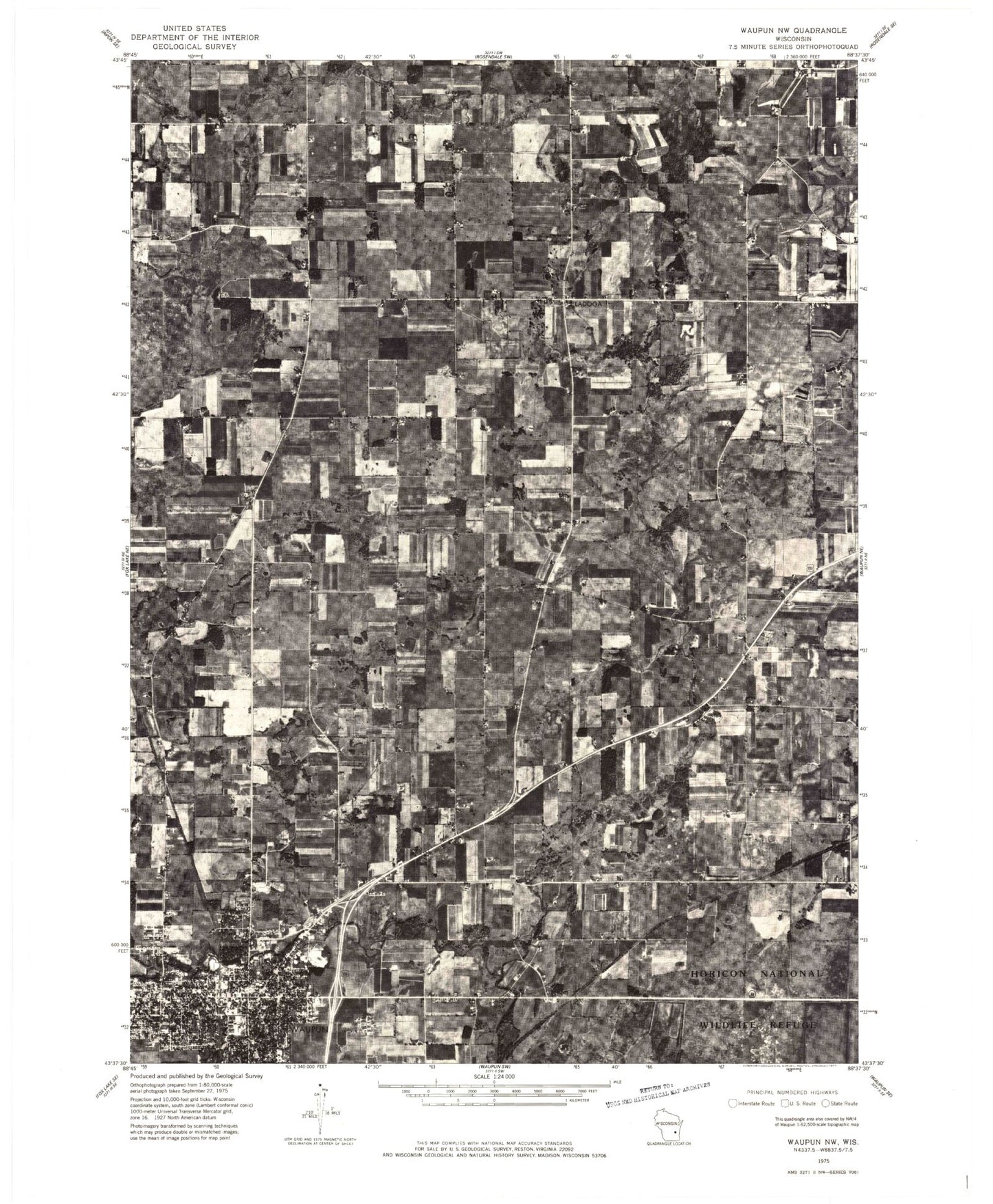Classic USGS Waupun North Wisconsin 7.5'x7.5' Topo Map Image