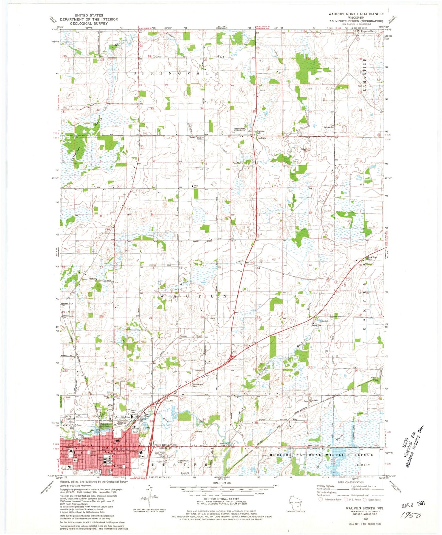 Classic USGS Waupun North Wisconsin 7.5'x7.5' Topo Map Image