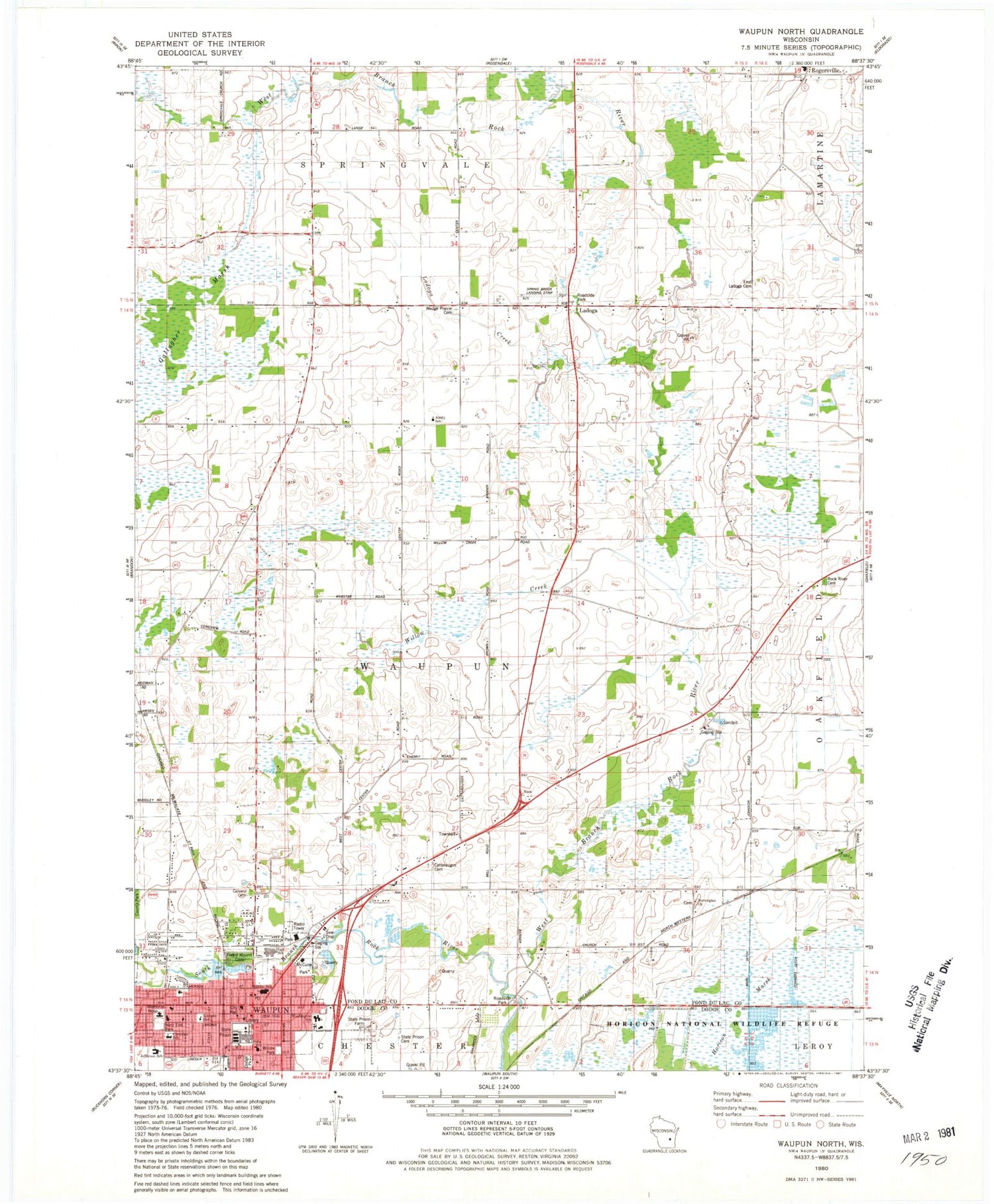 Classic USGS Waupun North Wisconsin 7.5'x7.5' Topo Map Image