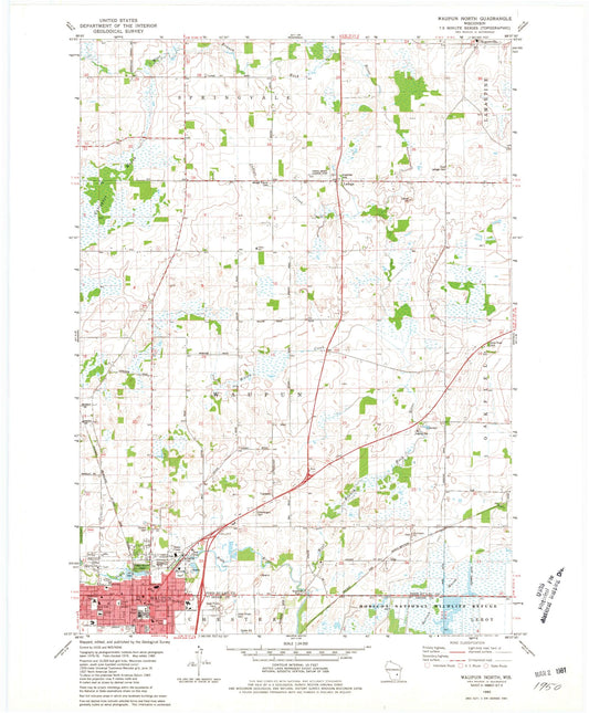 Classic USGS Waupun North Wisconsin 7.5'x7.5' Topo Map Image
