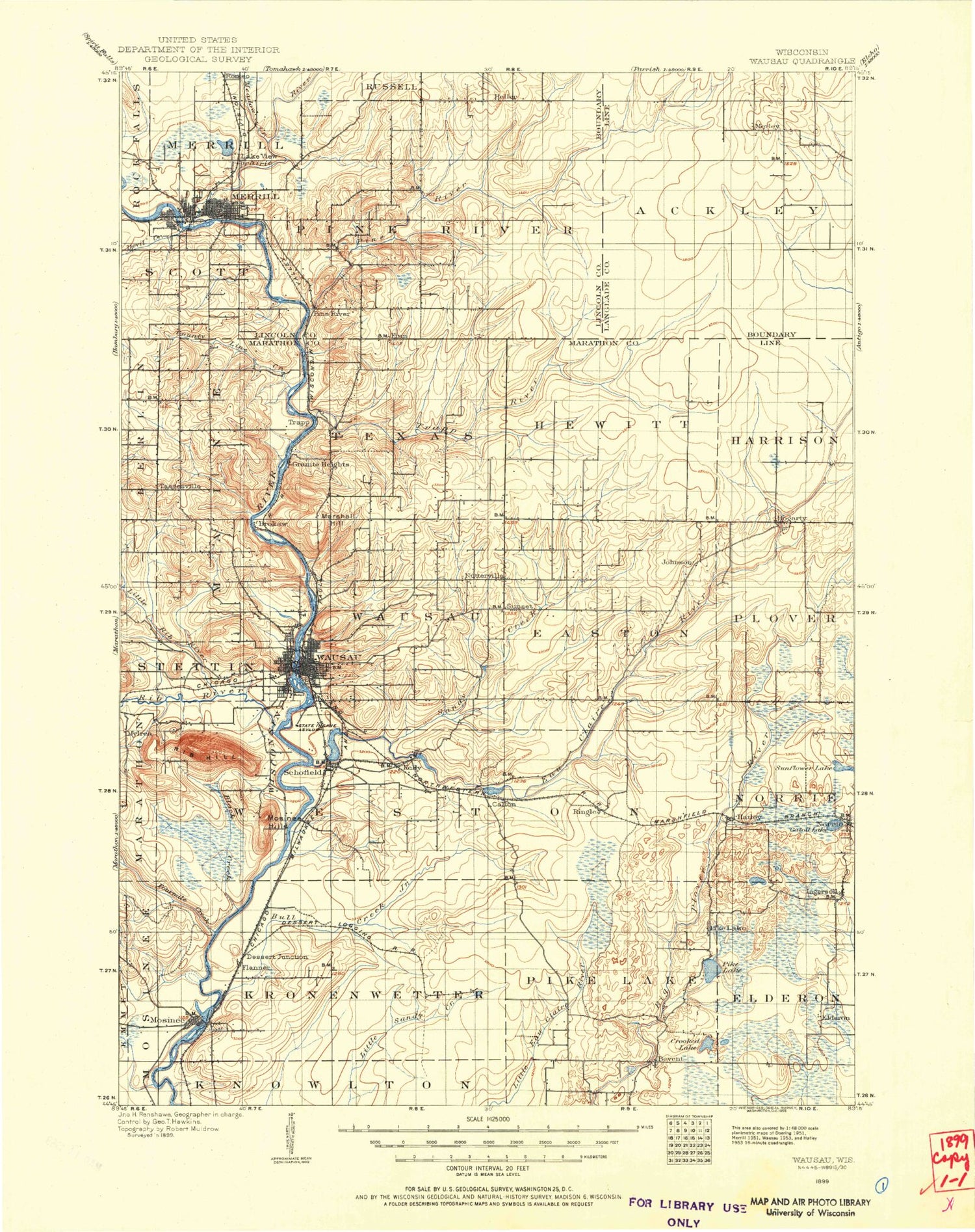 Historic 1899 Wausau Wisconsin 30'x30' Topo Map Image