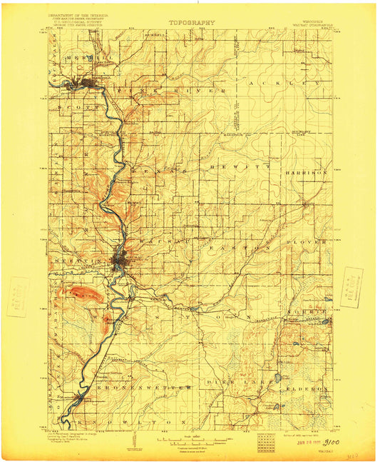 Historic 1902 Wausau Wisconsin 30'x30' Topo Map Image
