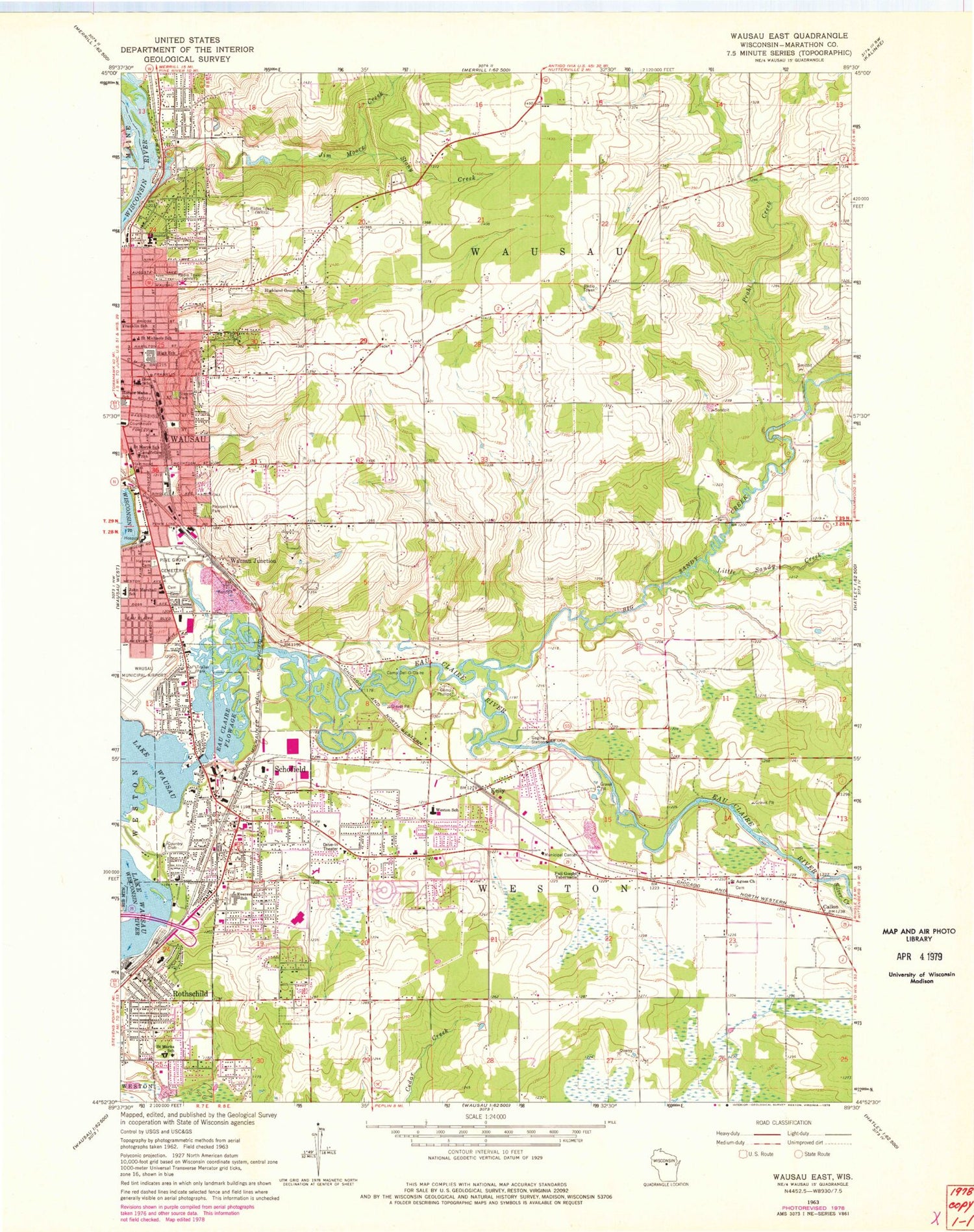Classic USGS Wausau East Wisconsin 7.5'x7.5' Topo Map Image