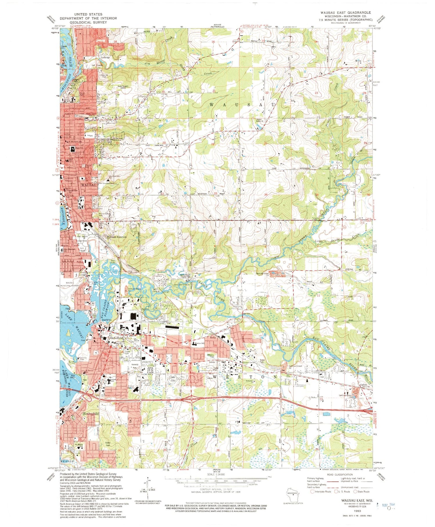 Classic USGS Wausau East Wisconsin 7.5'x7.5' Topo Map Image