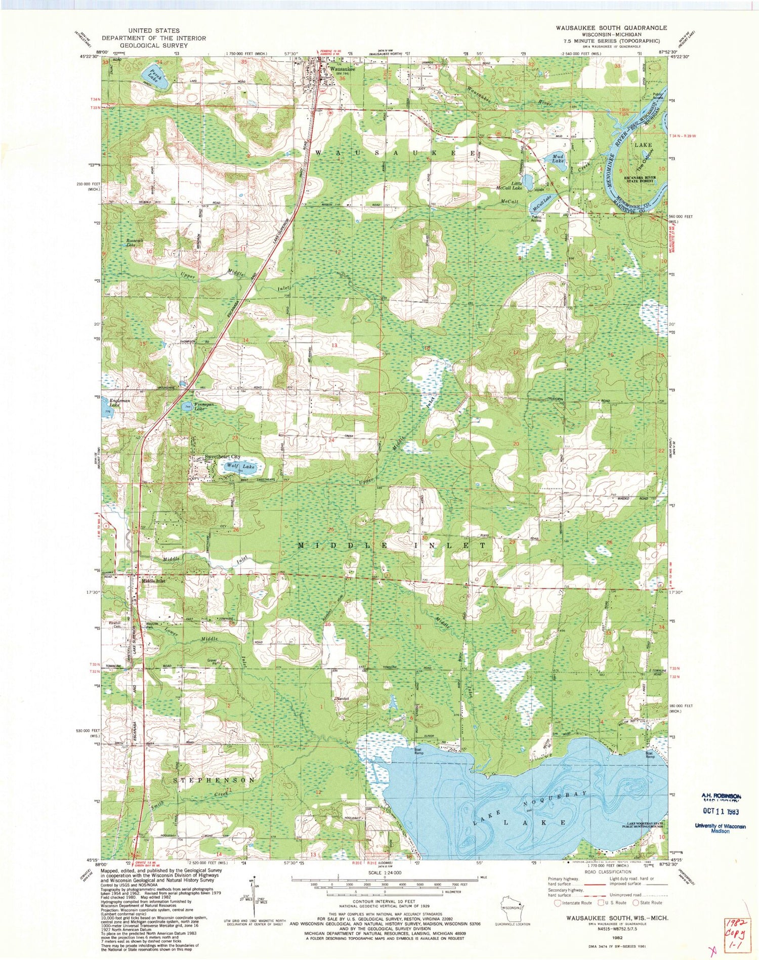 Classic USGS Wausaukee South Wisconsin 7.5'x7.5' Topo Map Image