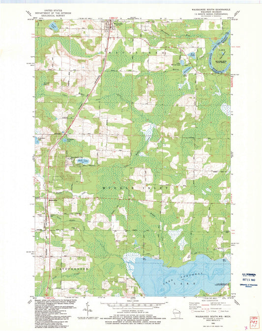 Classic USGS Wausaukee South Wisconsin 7.5'x7.5' Topo Map Image