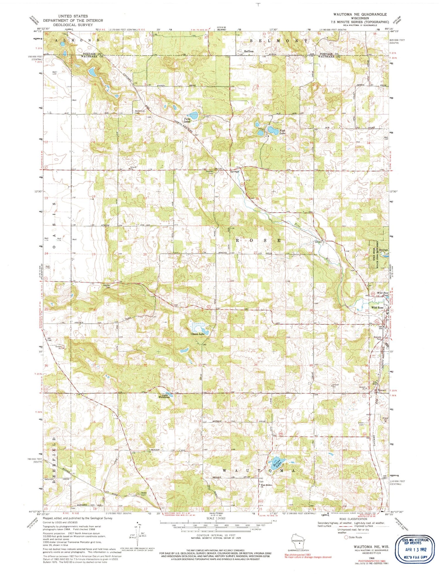 Classic USGS Wautoma NE Wisconsin 7.5'x7.5' Topo Map Image