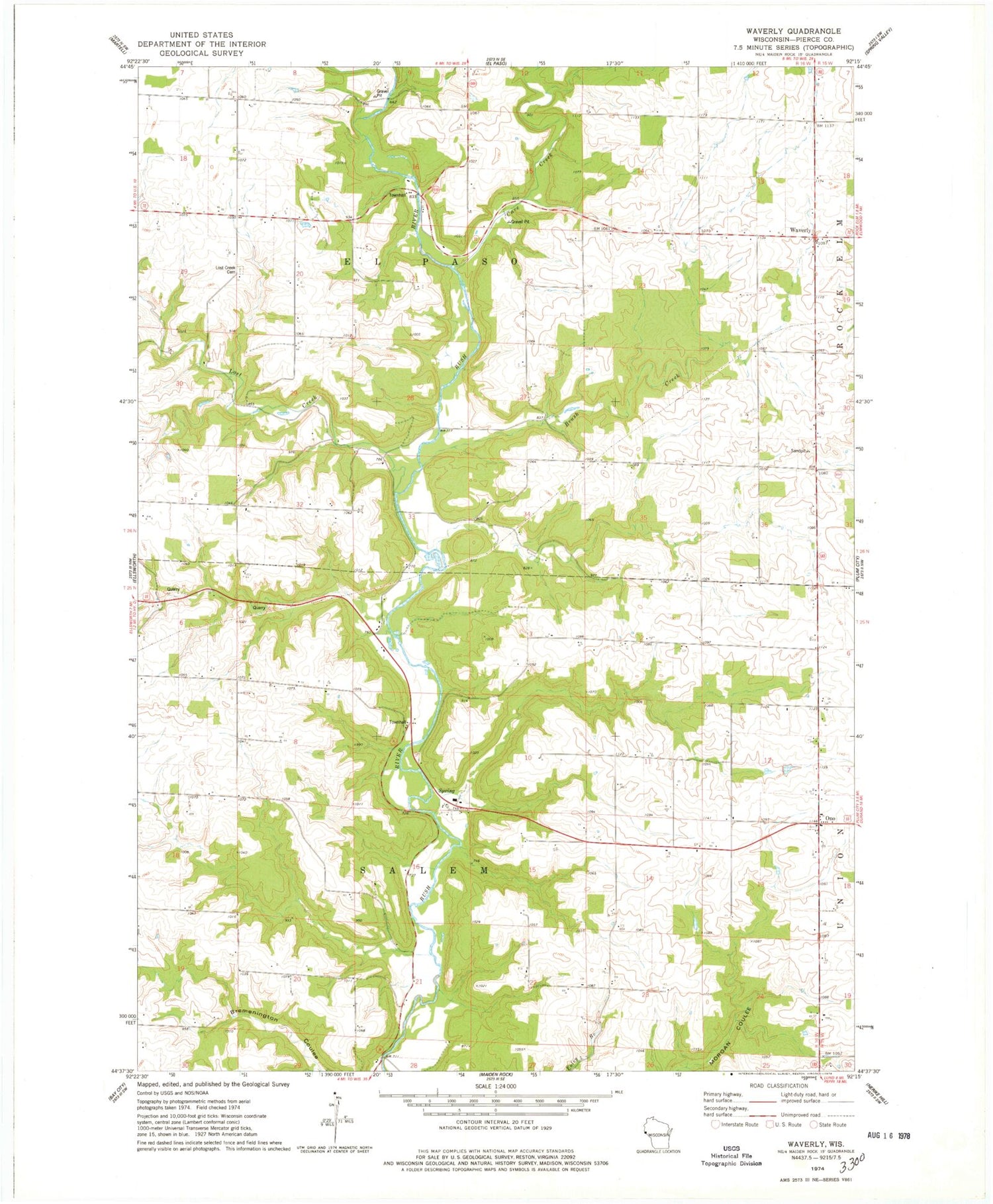 Classic USGS Waverly Wisconsin 7.5'x7.5' Topo Map Image