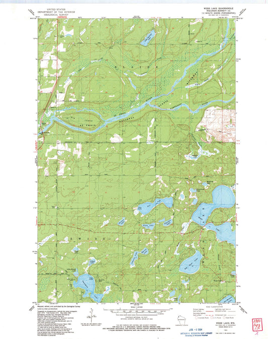 Classic USGS Webb Lake Wisconsin 7.5'x7.5' Topo Map Image