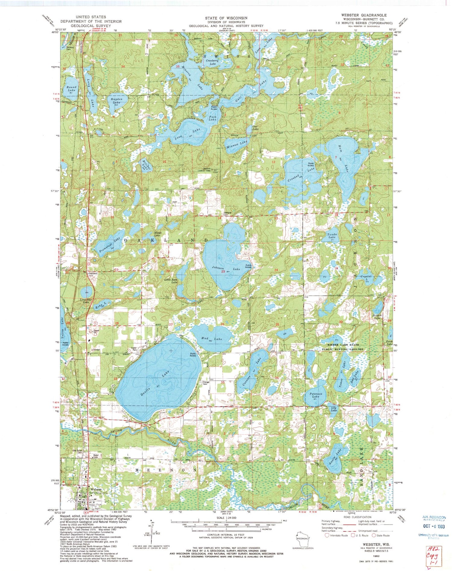 Classic USGS Webster Wisconsin 7.5'x7.5' Topo Map Image