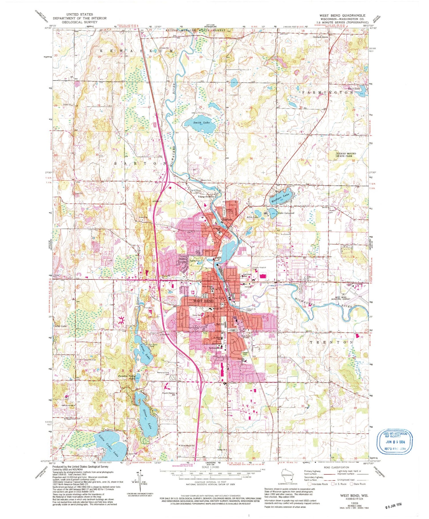 Classic USGS West Bend Wisconsin 7.5'x7.5' Topo Map Image