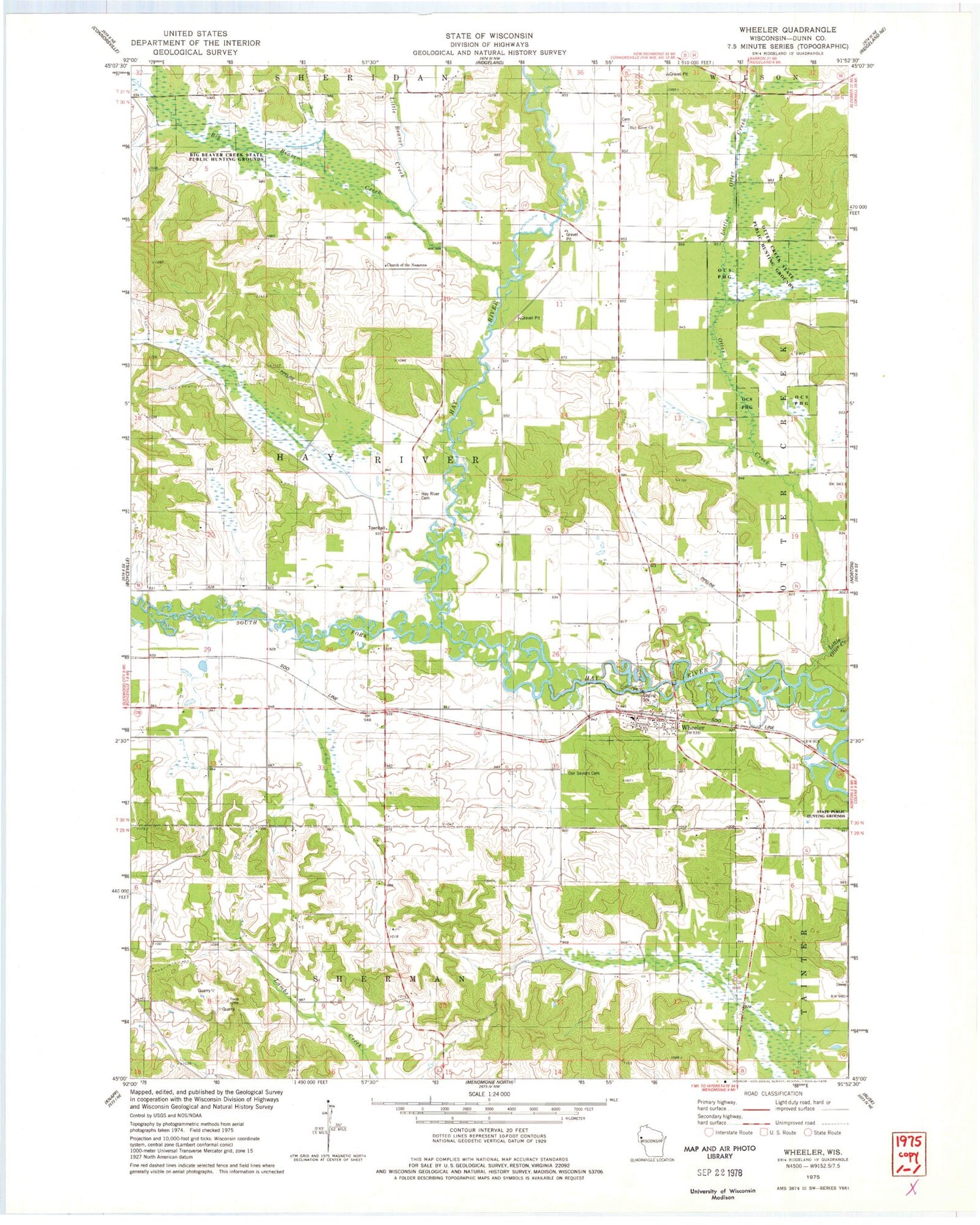 Classic USGS Wheeler Wisconsin 7.5'x7.5' Topo Map Image