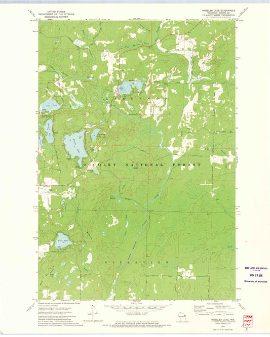 Classic USGS Wheeler Lake Wisconsin 7.5'x7.5' Topo Map Image
