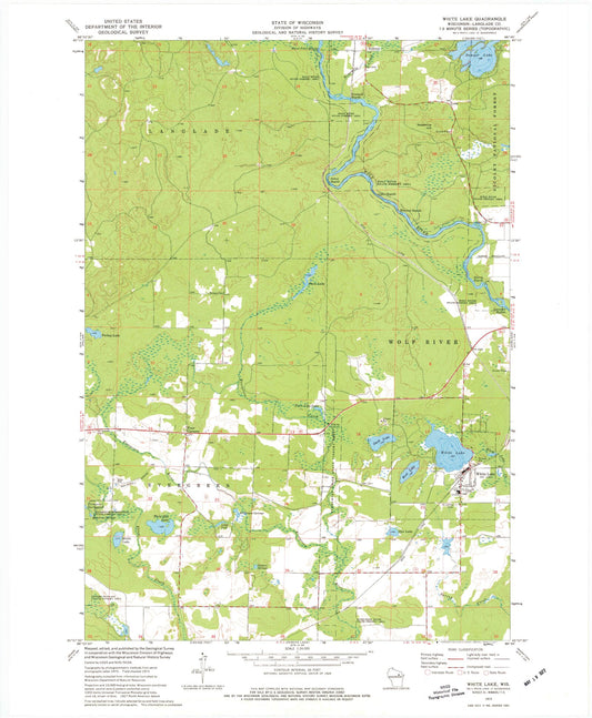 Classic USGS White Lake Wisconsin 7.5'x7.5' Topo Map Image