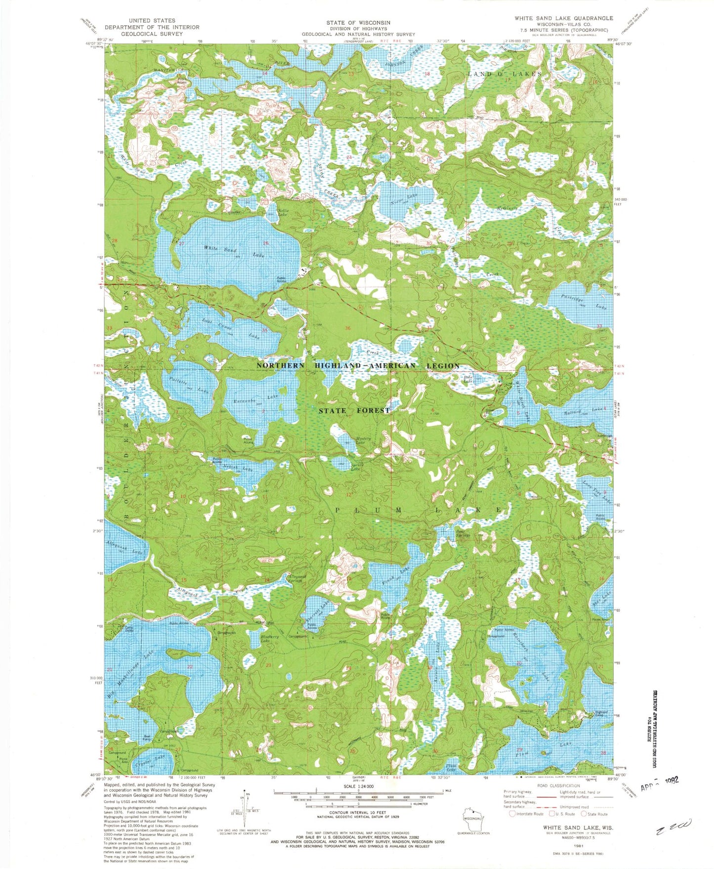 Classic USGS White Sand Lake Wisconsin 7.5'x7.5' Topo Map Image