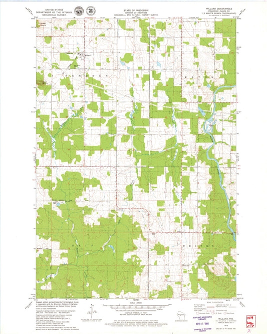 Classic USGS Willard Wisconsin 7.5'x7.5' Topo Map Image