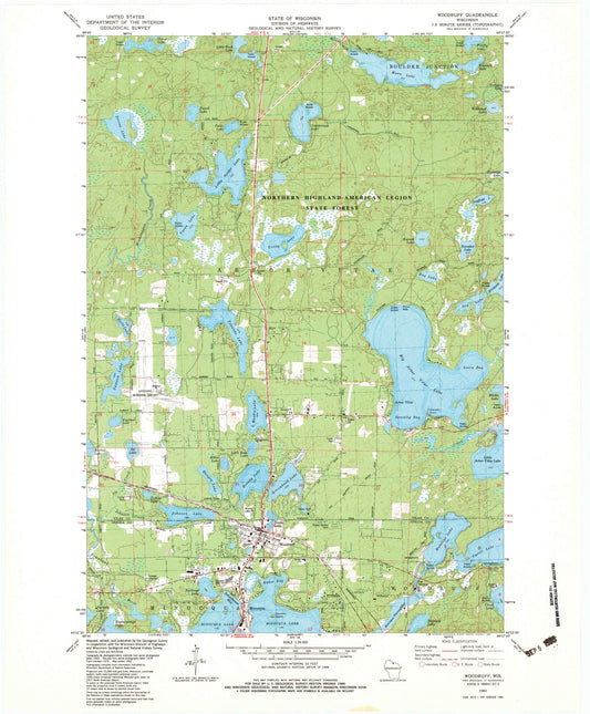 Classic USGS Woodruff Wisconsin 7.5'x7.5' Topo Map Image
