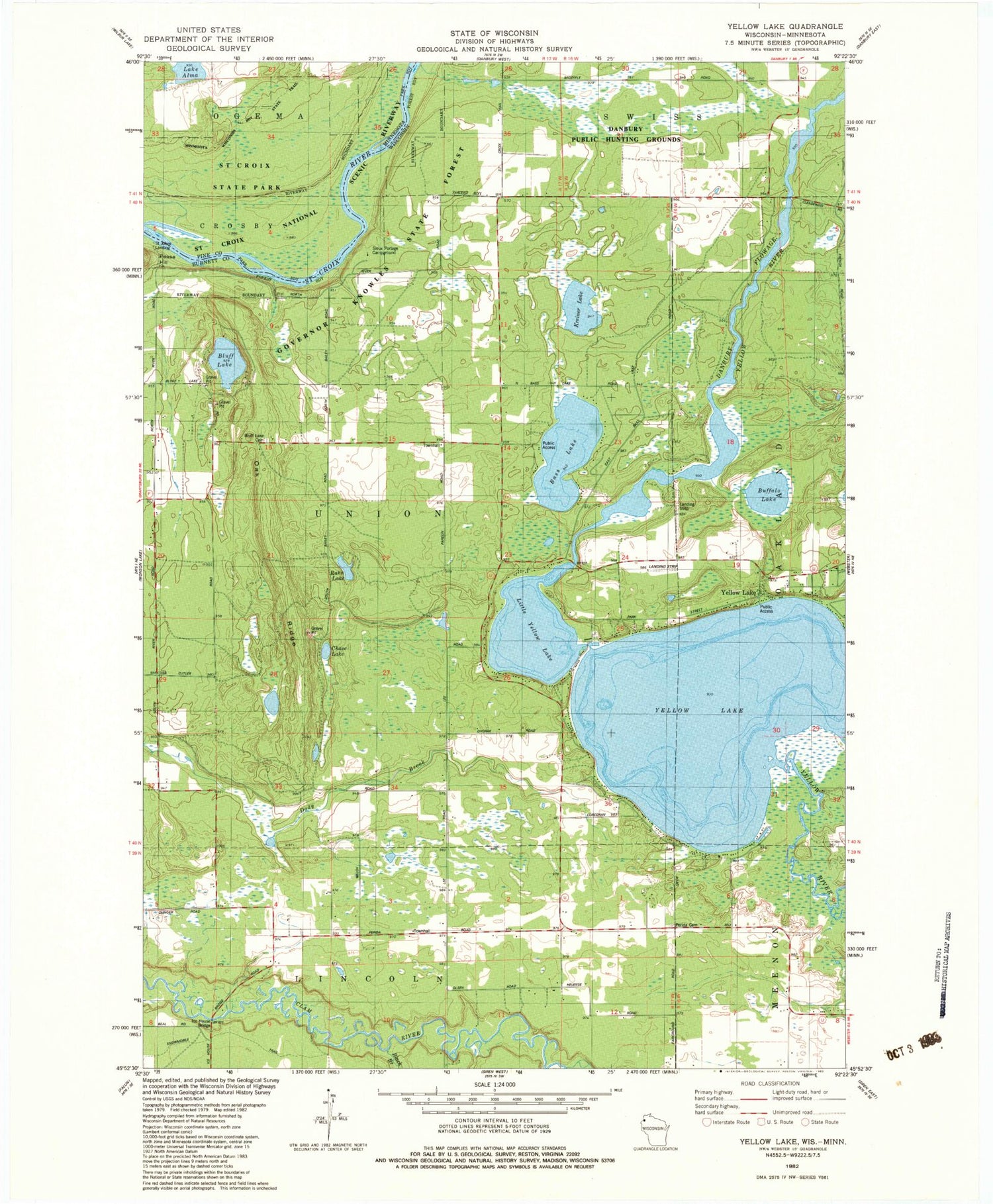 Classic USGS Yellow Lake Wisconsin 7.5'x7.5' Topo Map Image