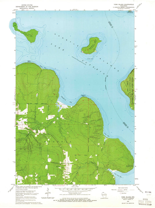 Classic USGS York Island Wisconsin 7.5'x7.5' Topo Map Image