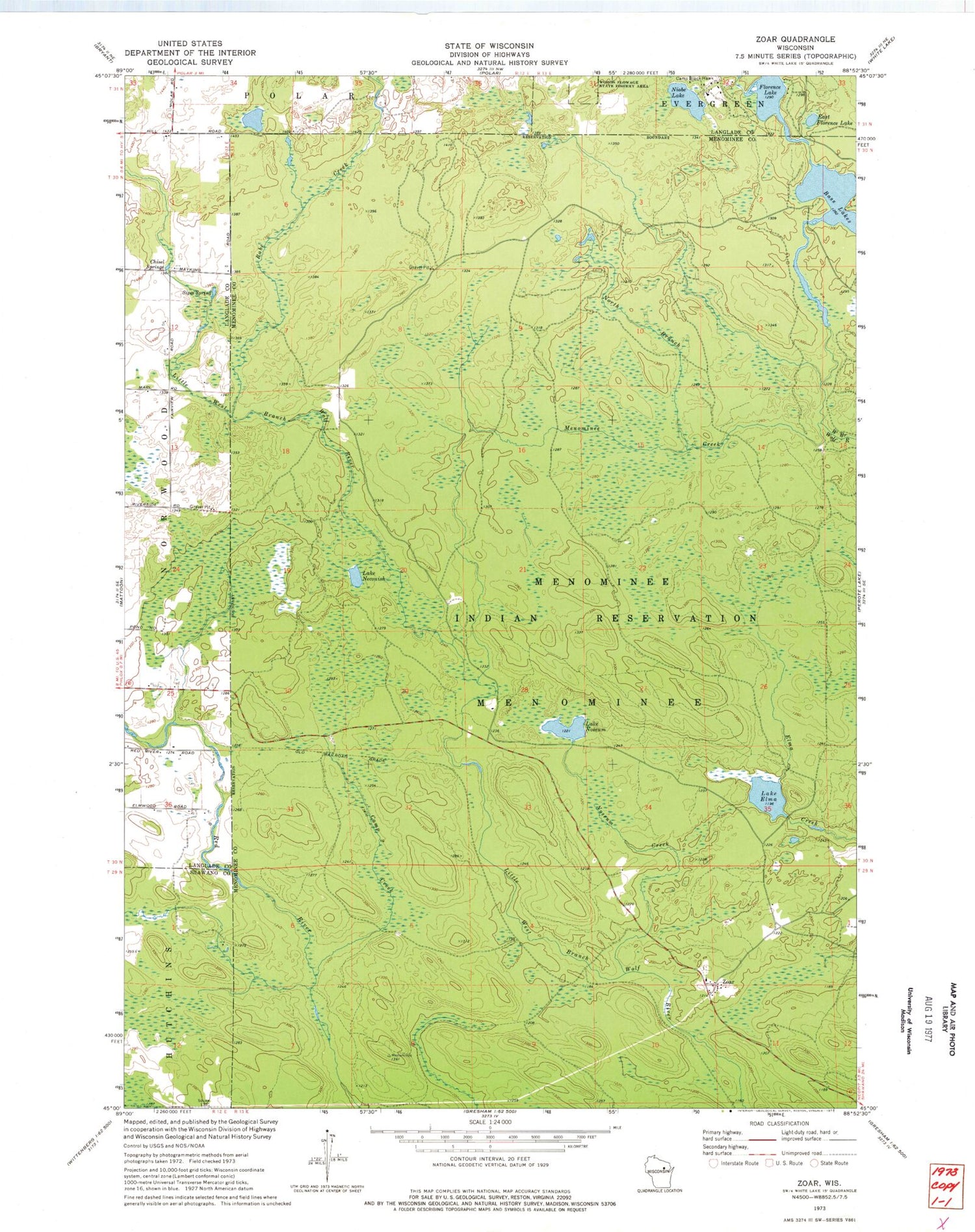 Classic USGS Zoar Wisconsin 7.5'x7.5' Topo Map Image