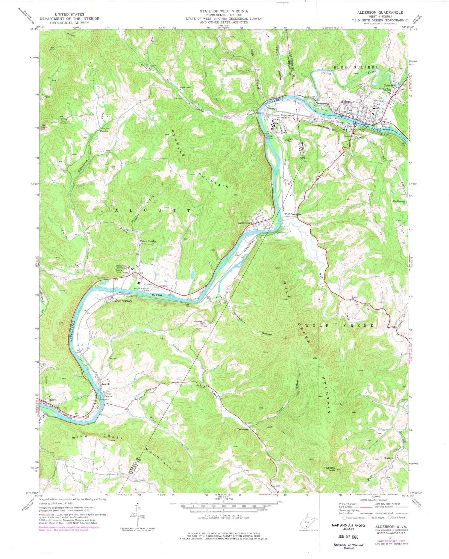 Classic USGS Alderson West Virginia 7.5'x7.5' Topo Map Image