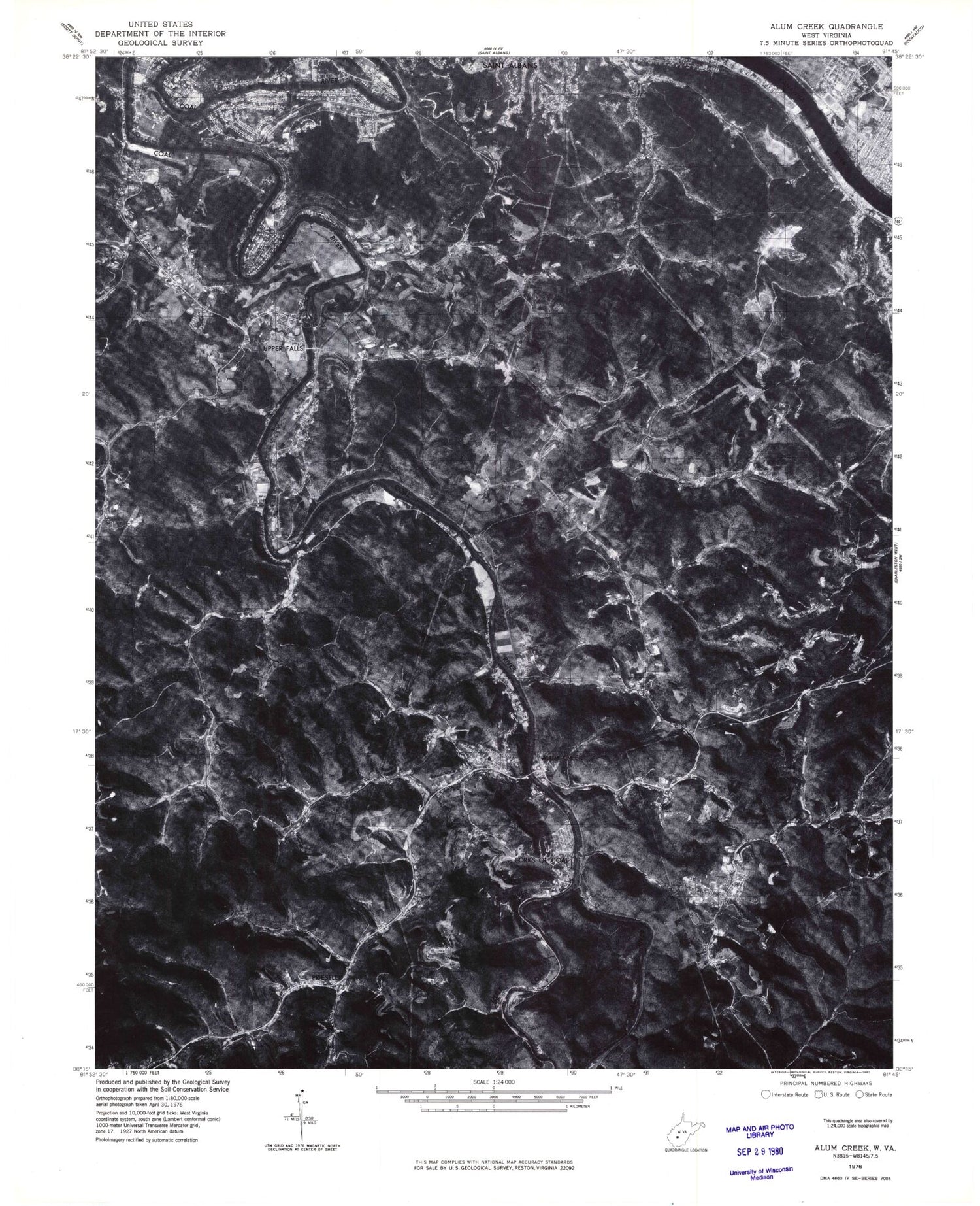Classic USGS Alum Creek West Virginia 7.5'x7.5' Topo Map Image