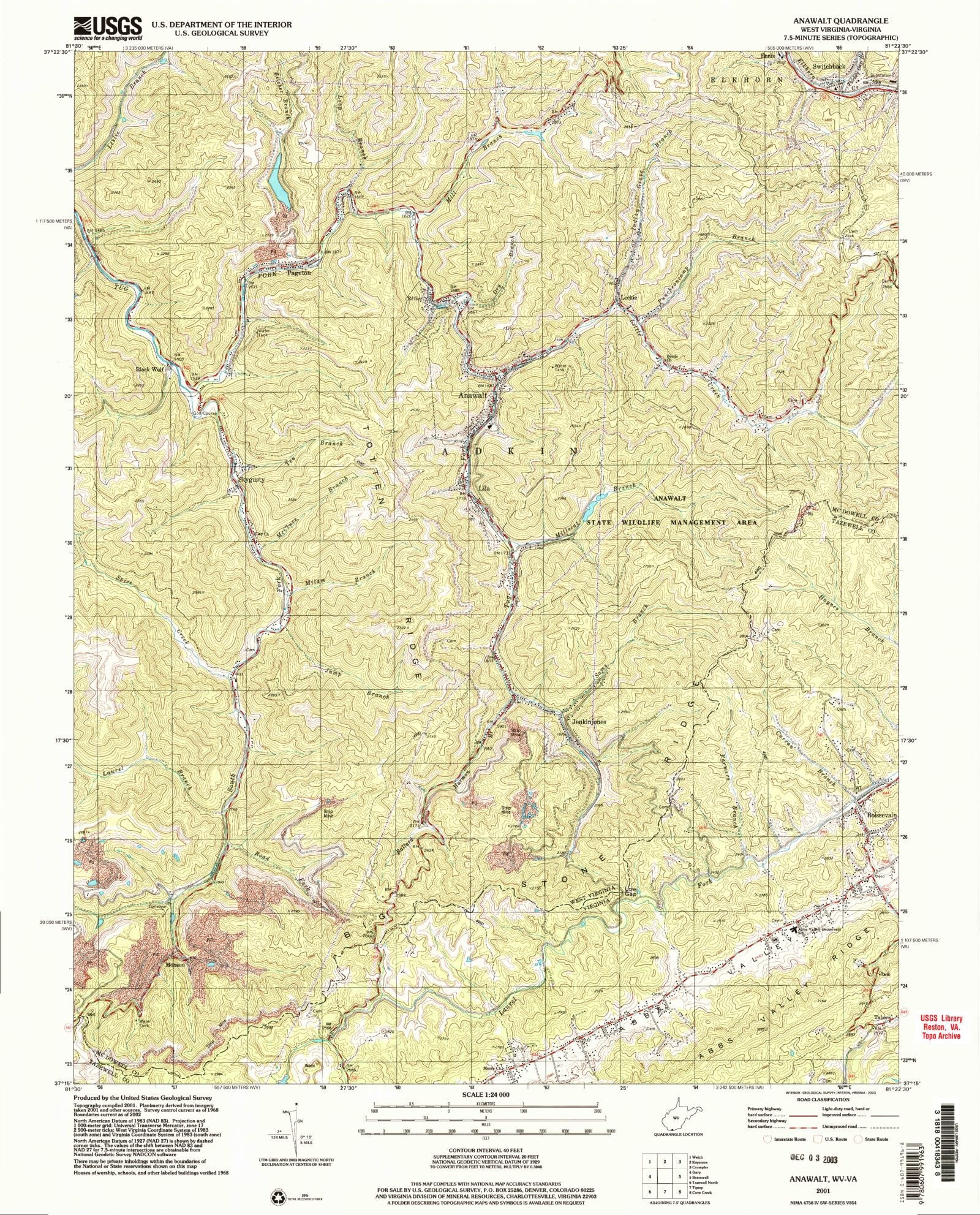 Classic USGS Anawalt West Virginia 7.5'x7.5' Topo Map MyTopo Map Store