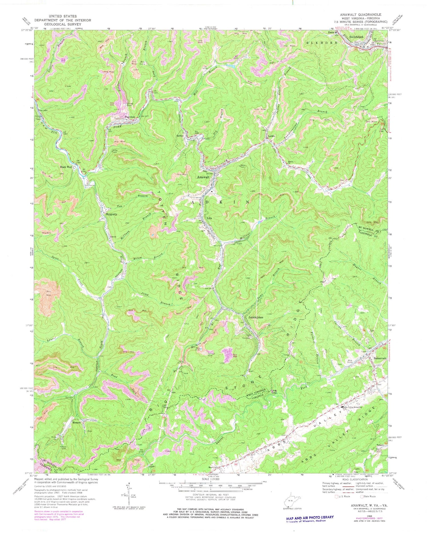 Classic USGS Anawalt West Virginia 7.5'x7.5' Topo Map Image