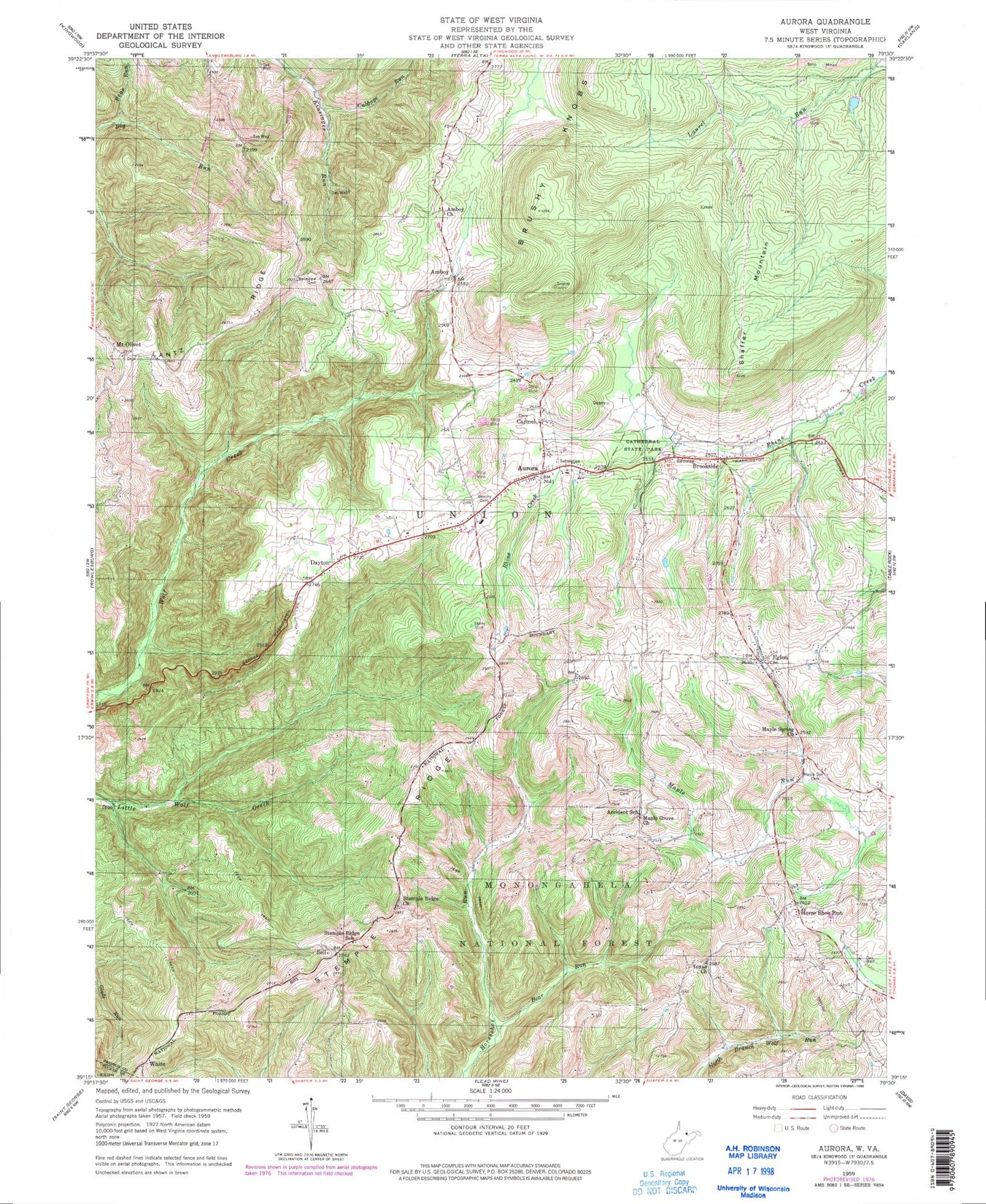Classic USGS Aurora West Virginia 7.5'x7.5' Topo Map Image