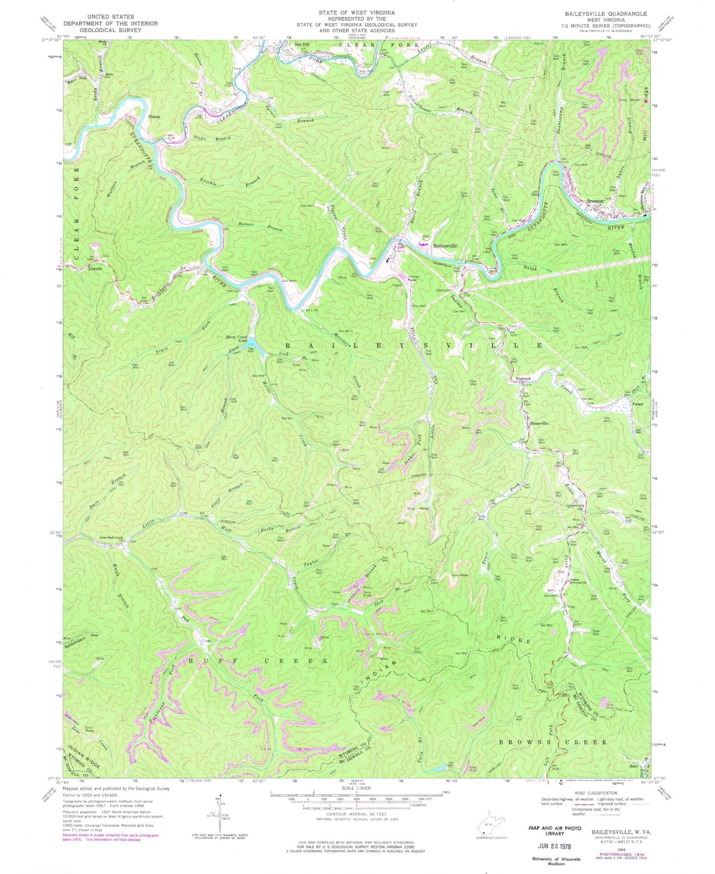 Classic USGS Baileysville West Virginia 7.5'x7.5' Topo Map Image