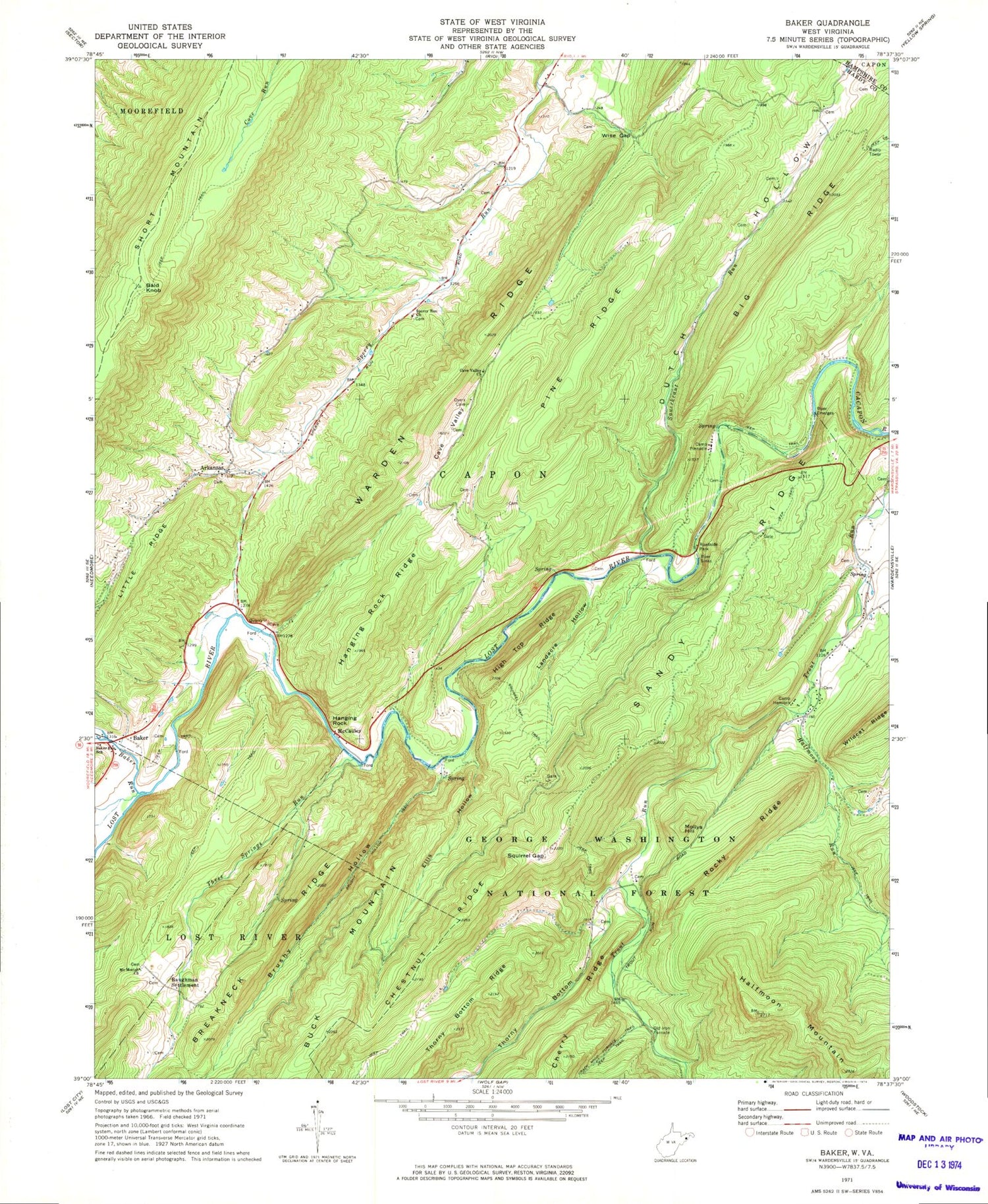 Classic USGS Baker West Virginia 7.5'x7.5' Topo Map Image