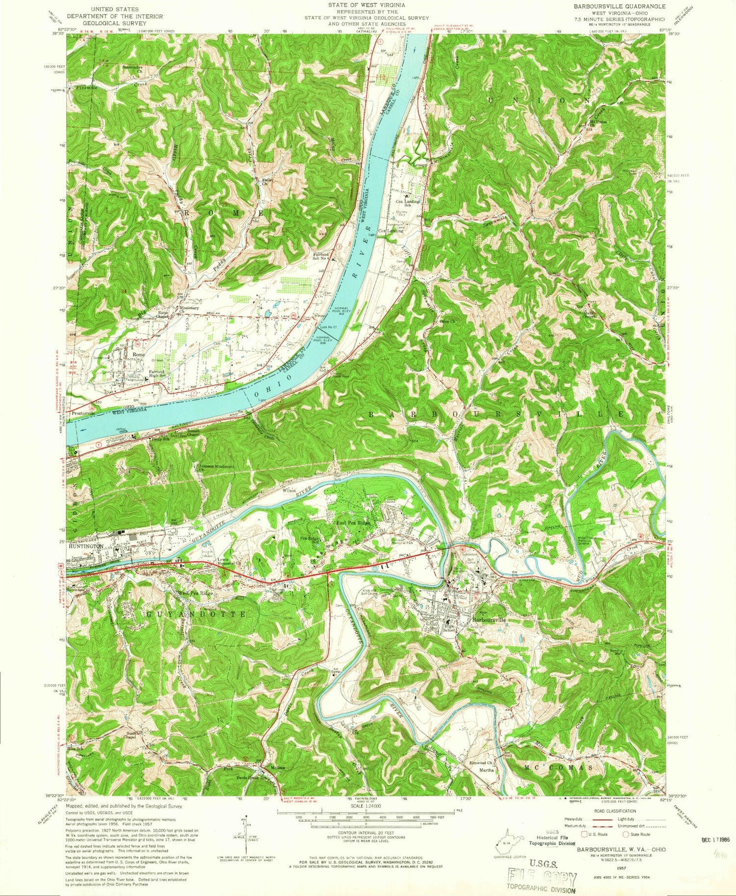 Classic USGS Barboursville West Virginia 7.5'x7.5' Topo Map Image