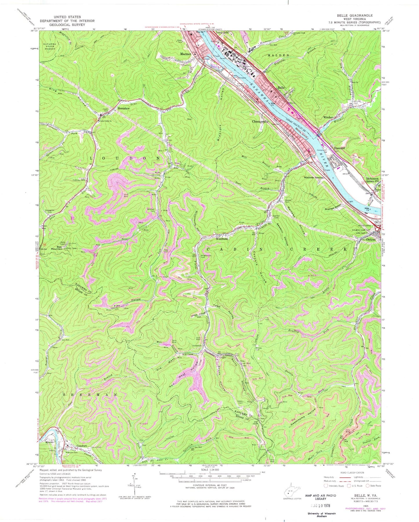 Classic USGS Belle West Virginia 7.5'x7.5' Topo Map Image