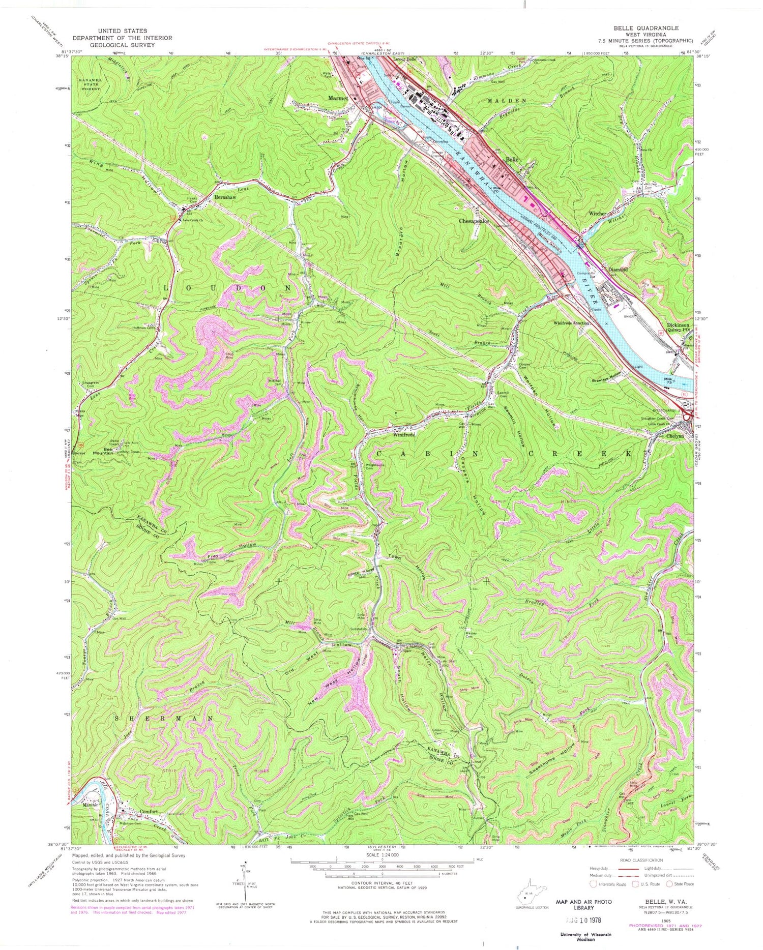 Classic USGS Belle West Virginia 7.5'x7.5' Topo Map Image